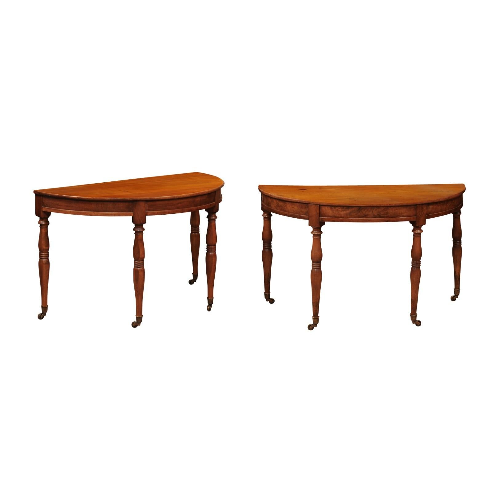 Pair of Matched French Louis Philippe Walnut Demilune Console Tables