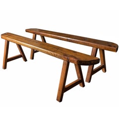 Pair of Matching Aged Cherrywood Wabi-Sabi Style Benches, France, circa 1950