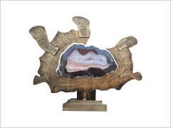 Pair of Matching Anemon Agate Stone Slice with Brass on Decorative Stand