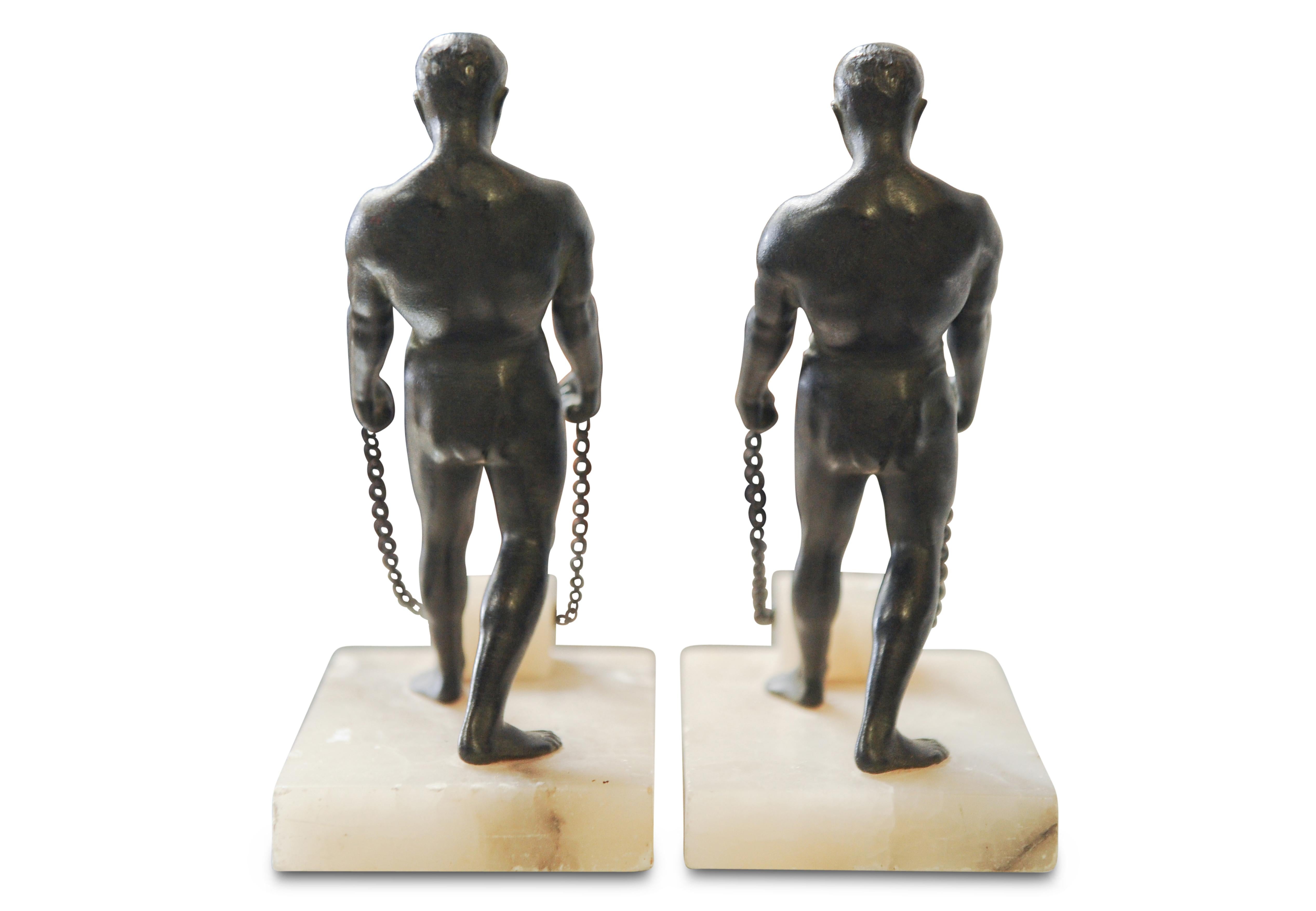 Greek  Matching Pair Grand Tour Bronze Greco Male Figurine Bookends On Alabaster Base  For Sale