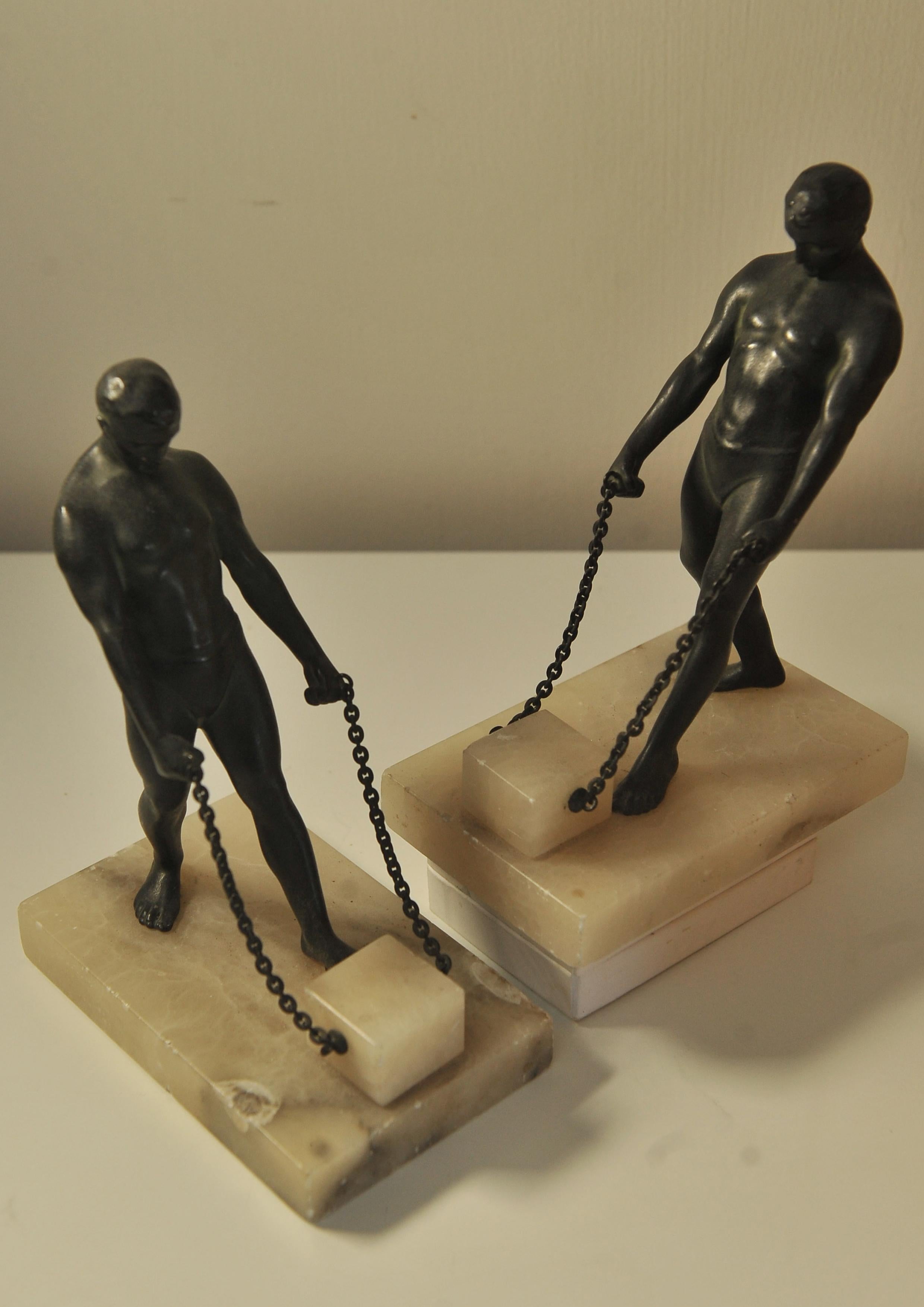  Matching Pair Grand Tour Bronze Greco Male Figurine Bookends On Alabaster Base  For Sale 1