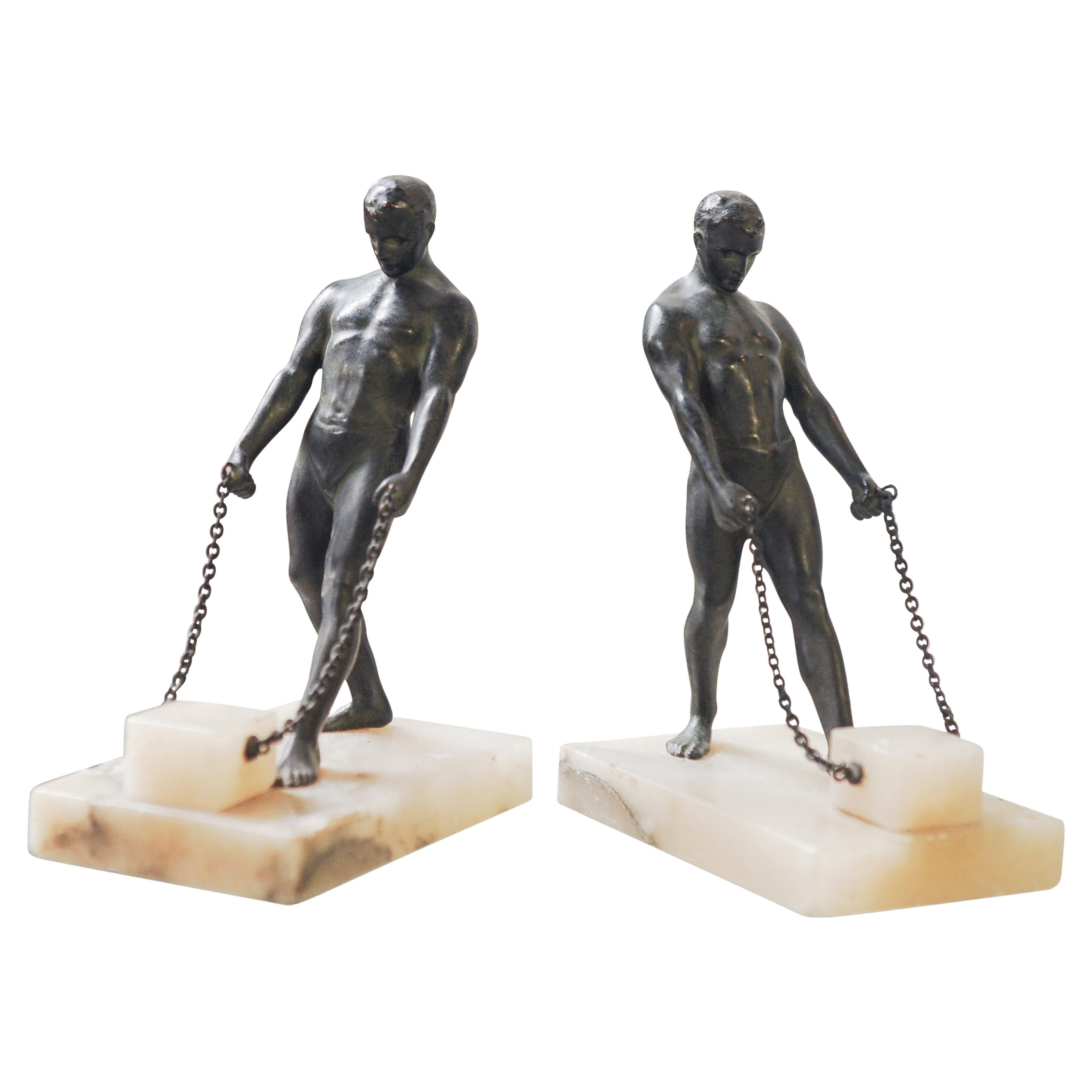  Matching Pair Grand Tour Bronze Greco Male Figurine Bookends On Alabaster Base 