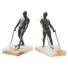 Pair of Matching Art Deco Bronze Male Figurine Bookends On Alabaster Bases 1930s