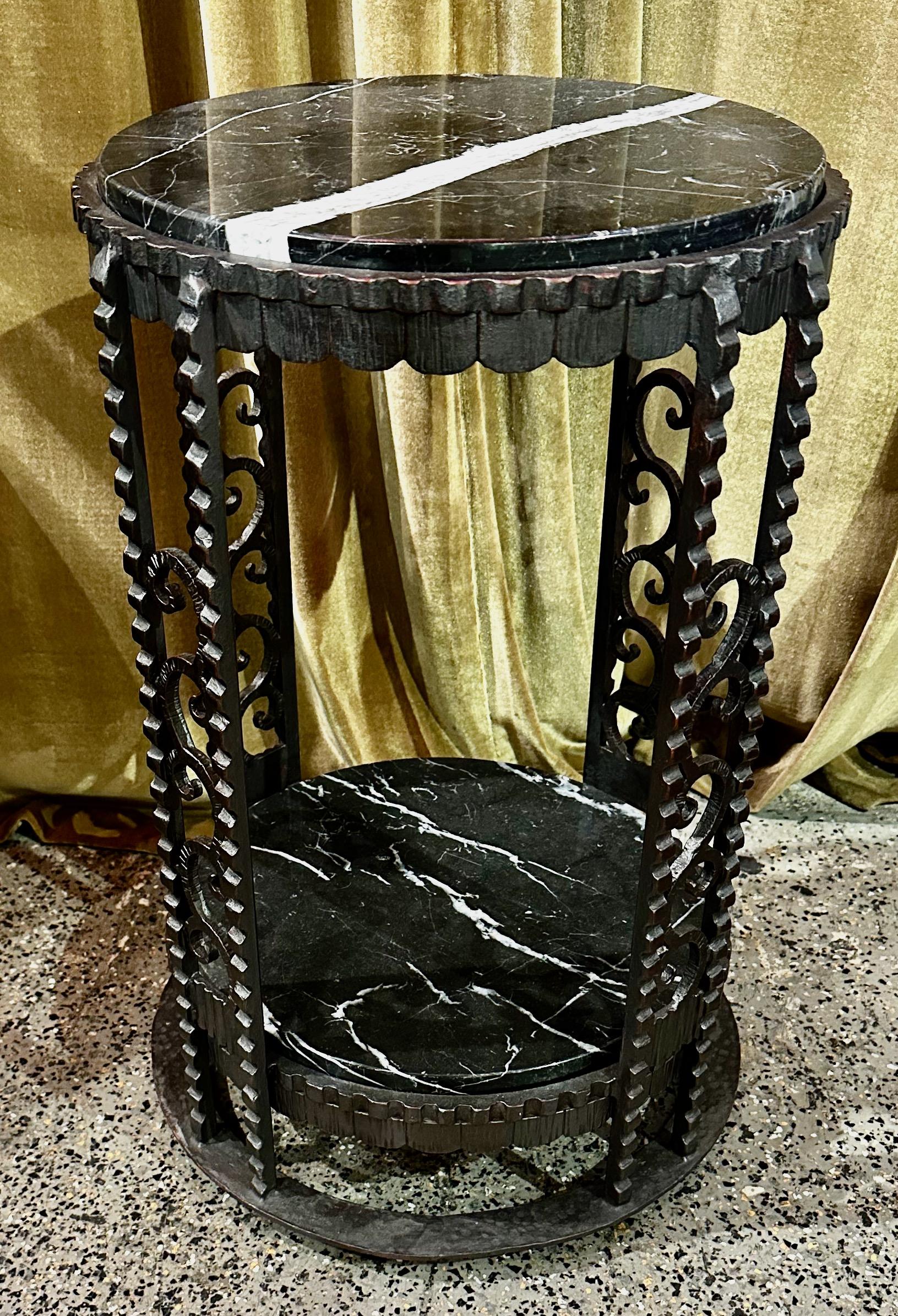 This is a fantastic new custom-made piece for our shop. Replicated from an original Art Deco design, lots of great detail heavily inspired by the French “fer forge”! Almost impossible to find a pair of matching tables, with great iron detail, and