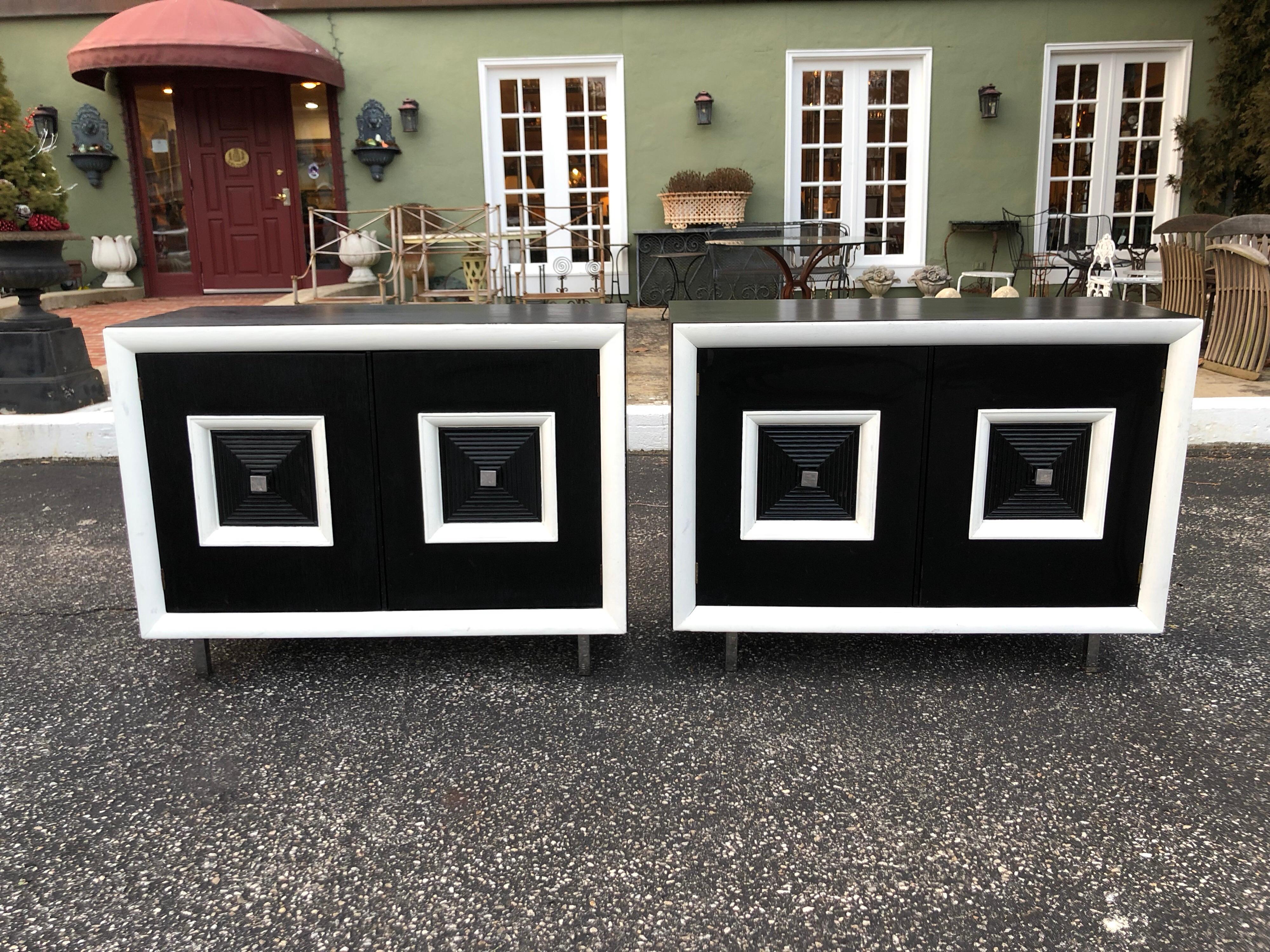 Painted Pair of Matching Black and White Hollywood Regency Cabinets