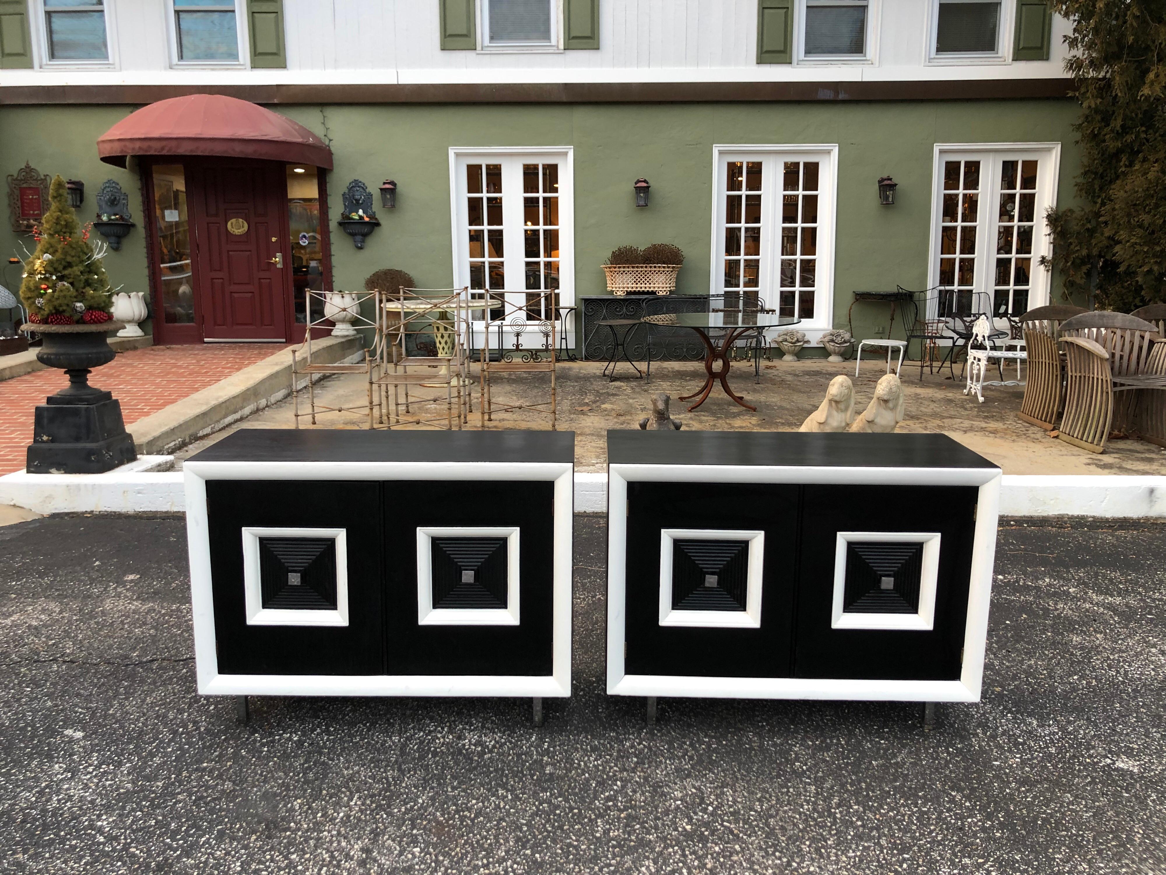 Mid-20th Century Pair of Matching Black and White Hollywood Regency Cabinets