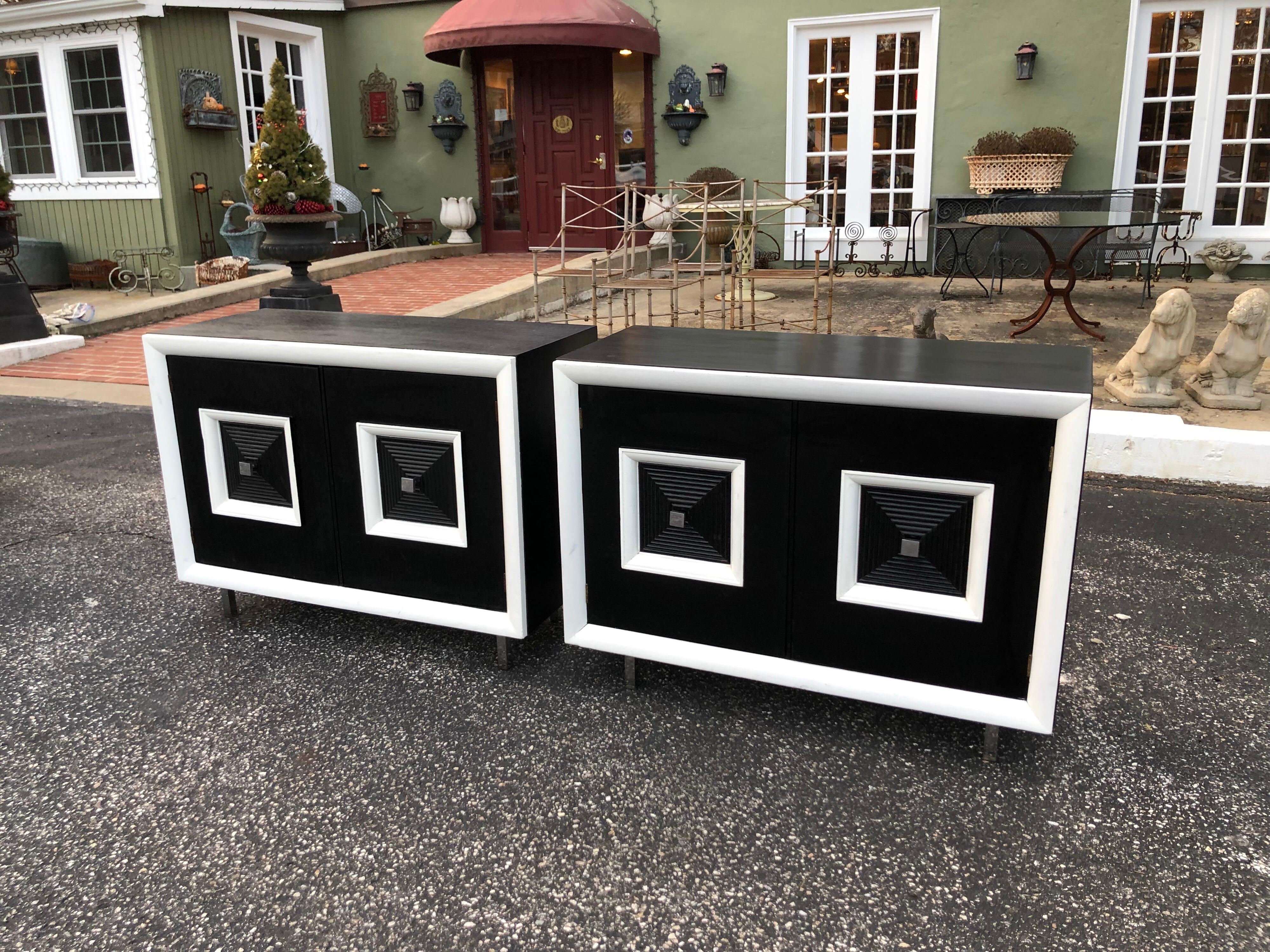 Wood Pair of Matching Black and White Hollywood Regency Cabinets