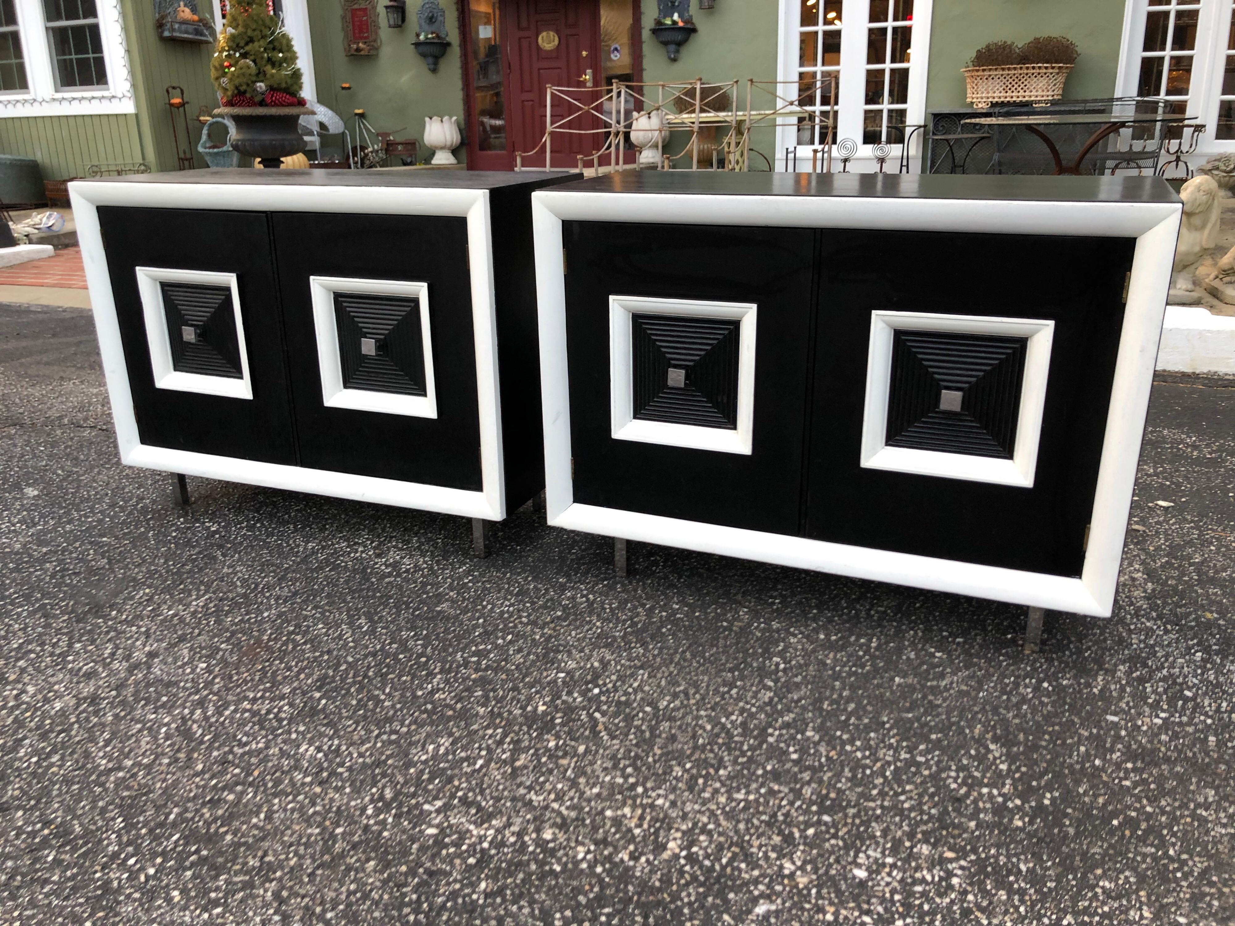 Pair of Matching Black and White Hollywood Regency Cabinets 1