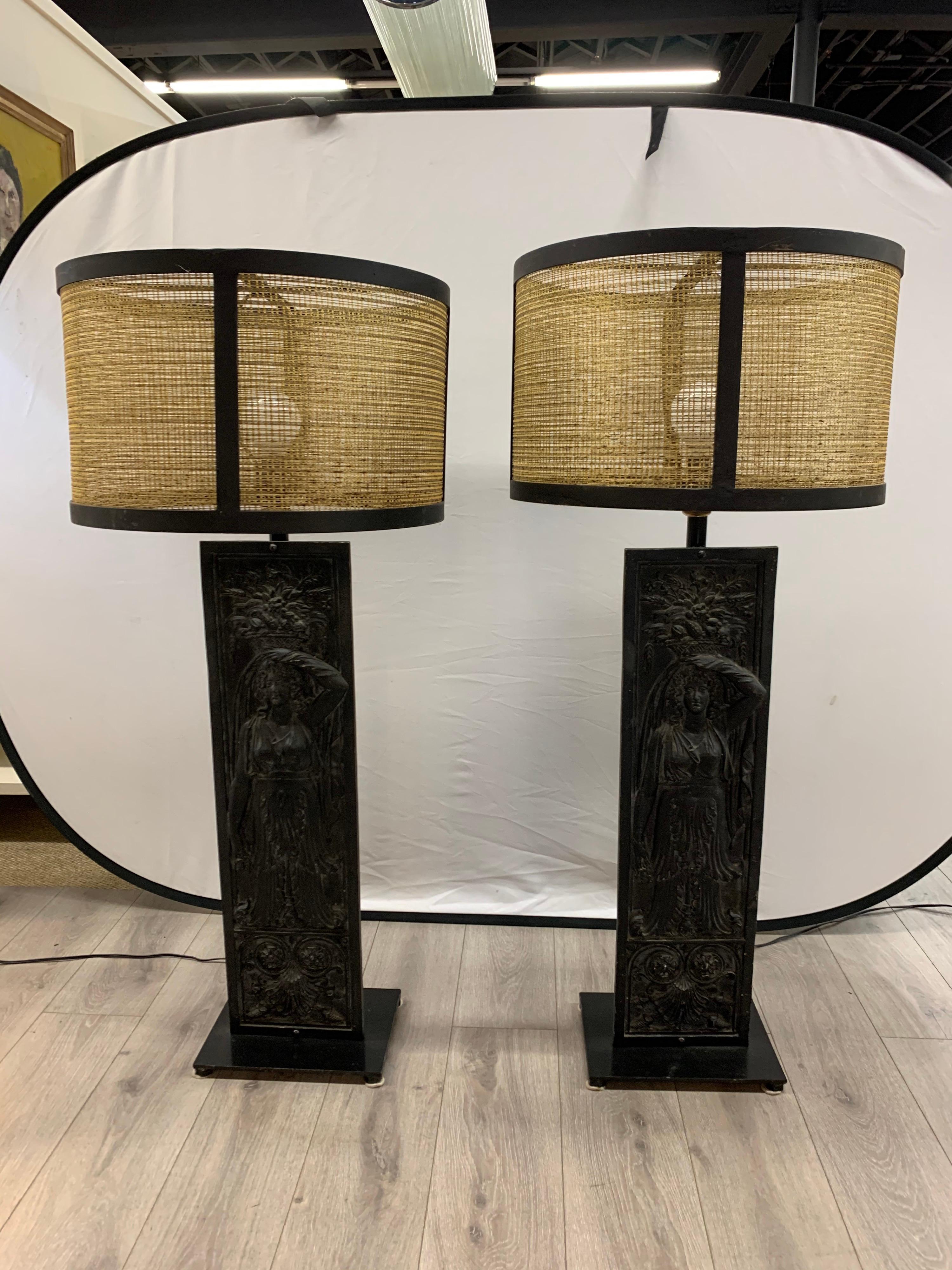 Pair of Matching Black Wrought Iron Panel Lamps 4