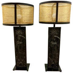 Antique Pair of Matching Black Wrought Iron Panel Lamps