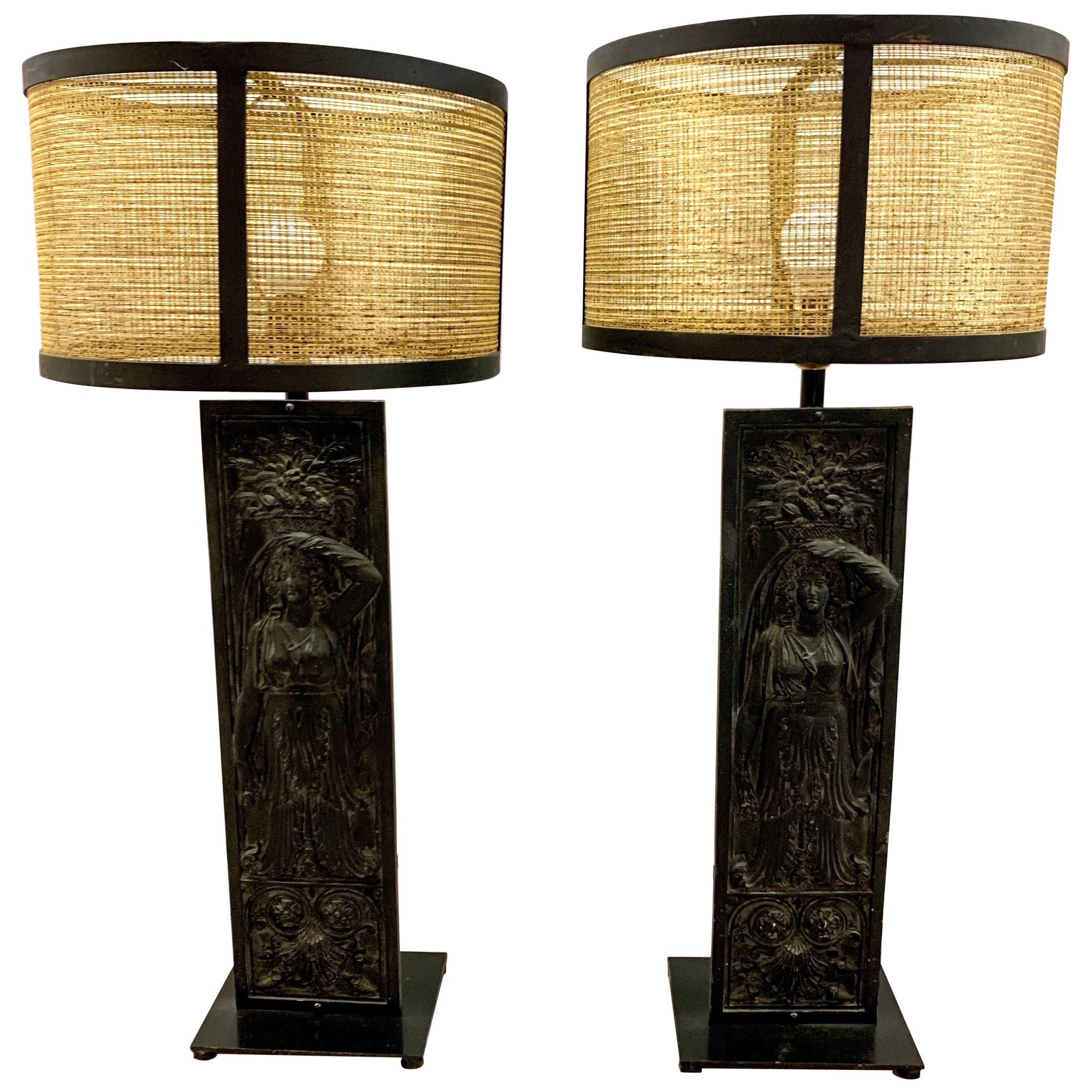 Pair of Matching Black Wrought Iron Panel Lamps