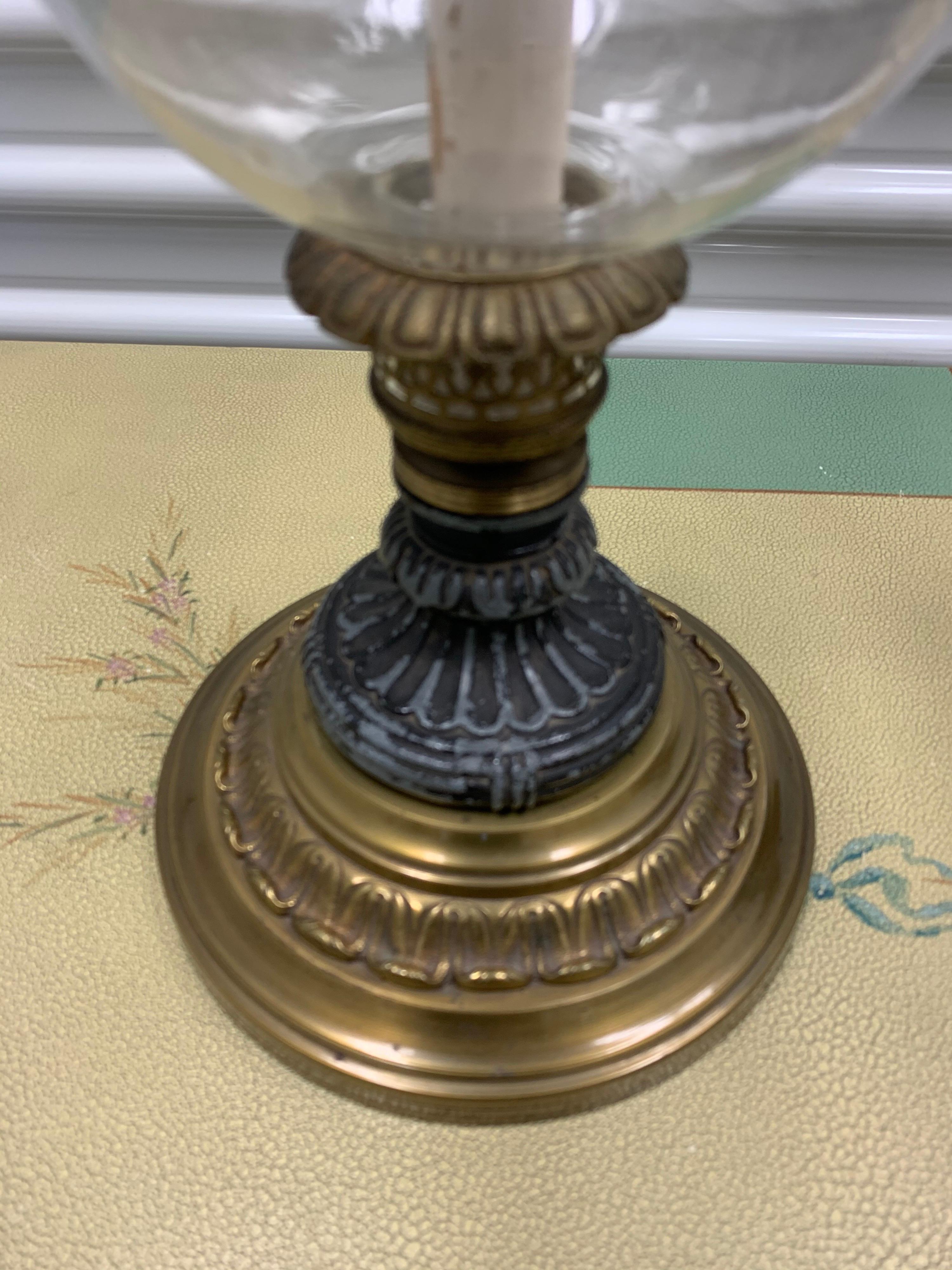 Pair of Matching Brass, Metal and Crystal Hurricane Lamps In Good Condition In West Hartford, CT