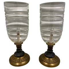 Retro Pair of Matching Brass, Metal and Crystal Hurricane Lamps