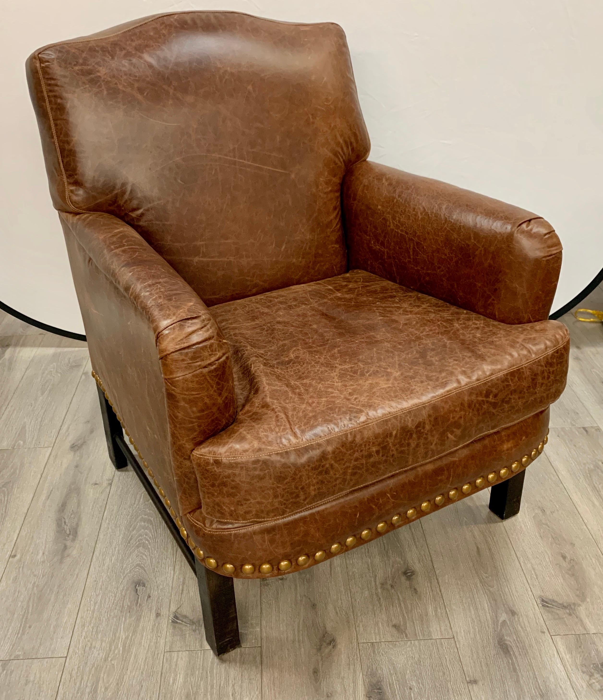 Pair of Matching Brown Leather Nailhead Club Chairs In Good Condition In West Hartford, CT