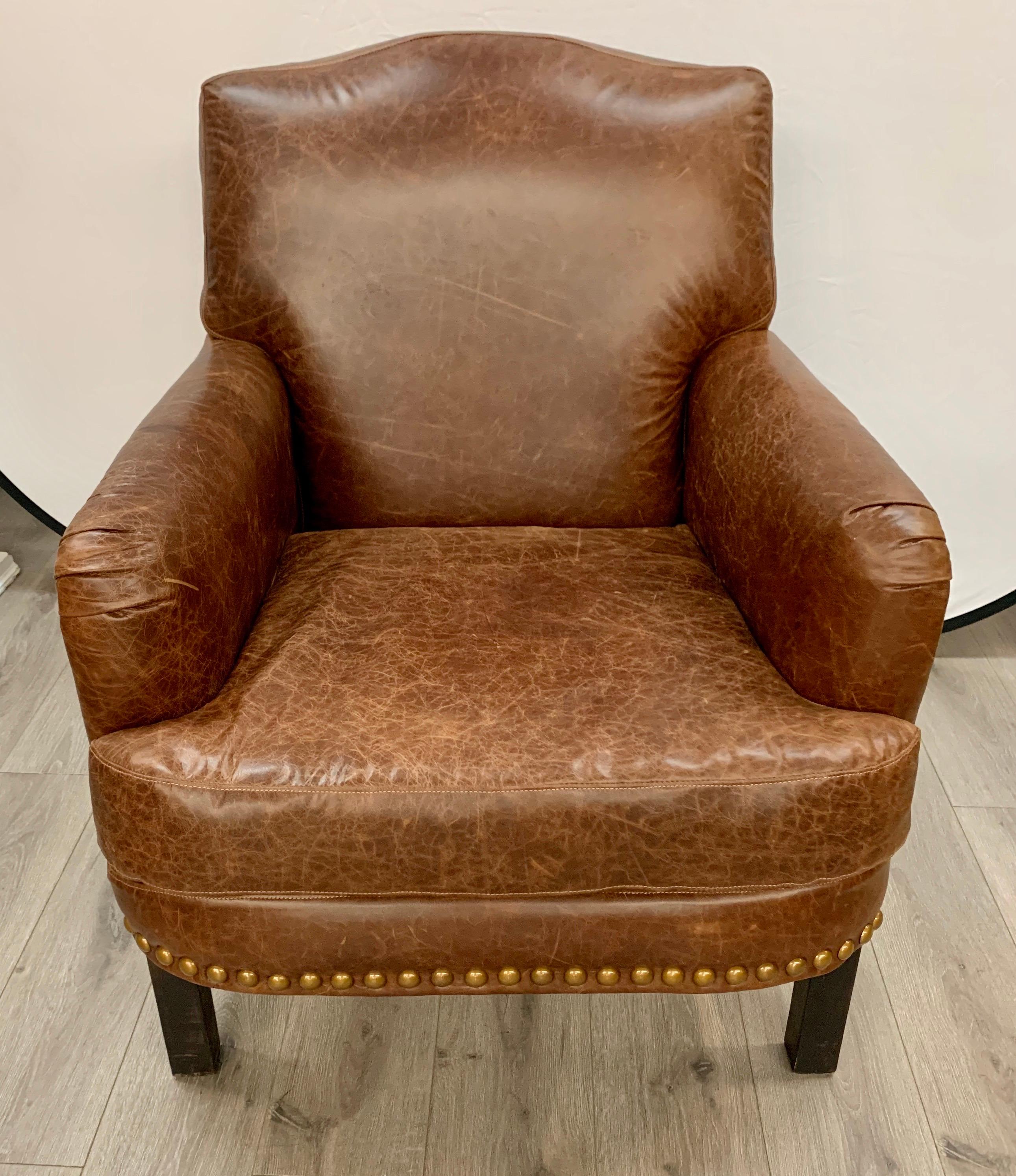 20th Century Pair of Matching Brown Leather Nailhead Club Chairs