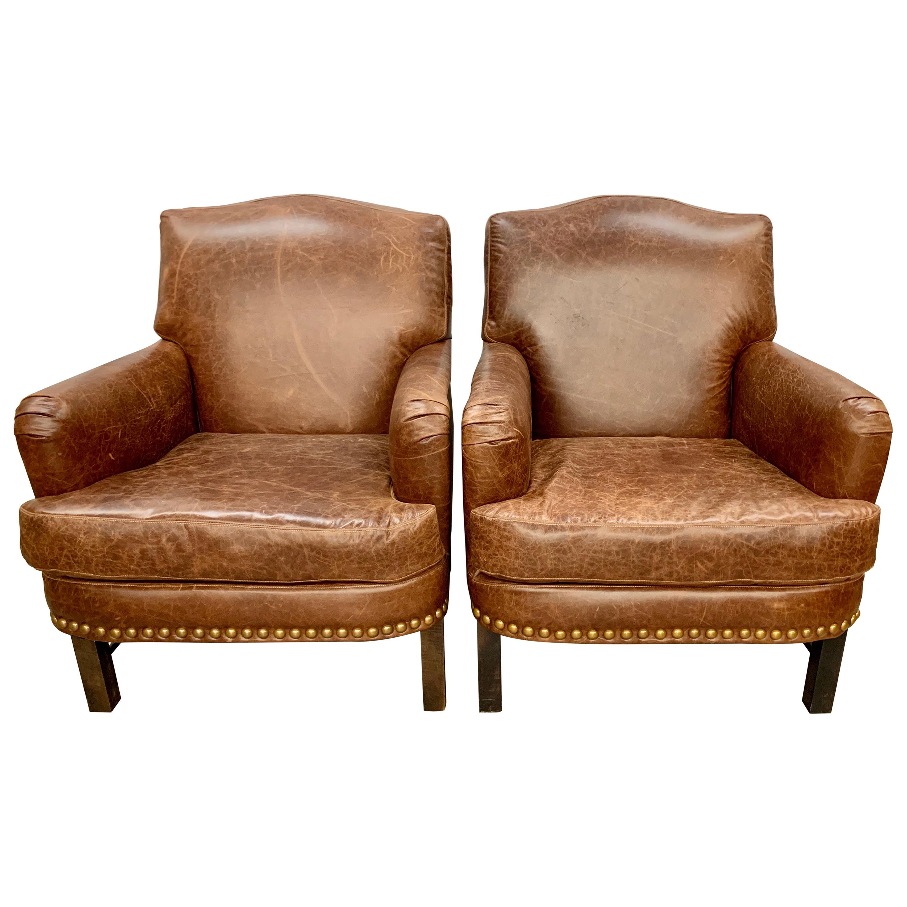 Pair of Matching Brown Leather Nailhead Club Chairs
