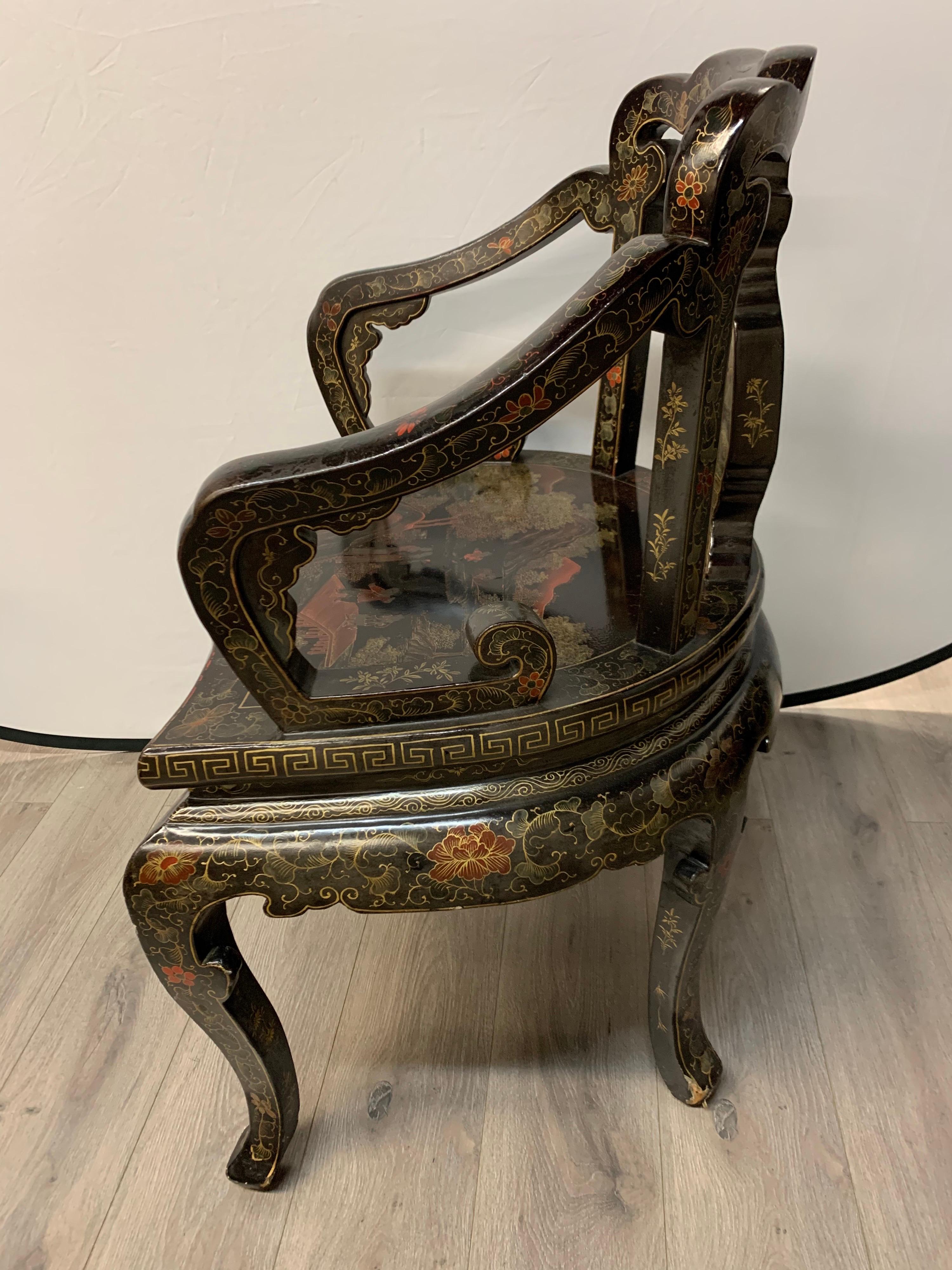 Pair of Matching Chinoiserie Chinese Export Hand Painted Armchairs 6