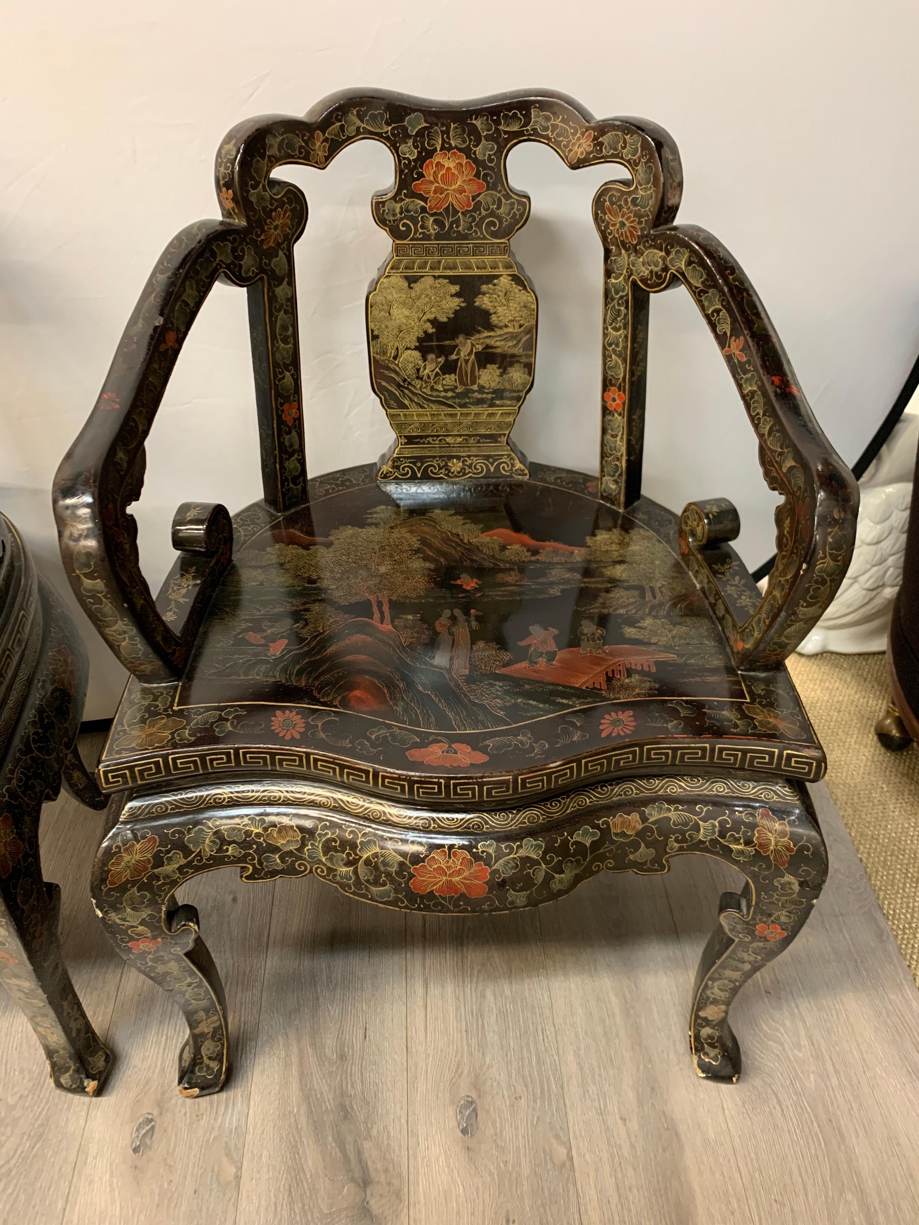 Mid-20th Century Pair of Matching Chinoiserie Chinese Export Hand Painted Armchairs