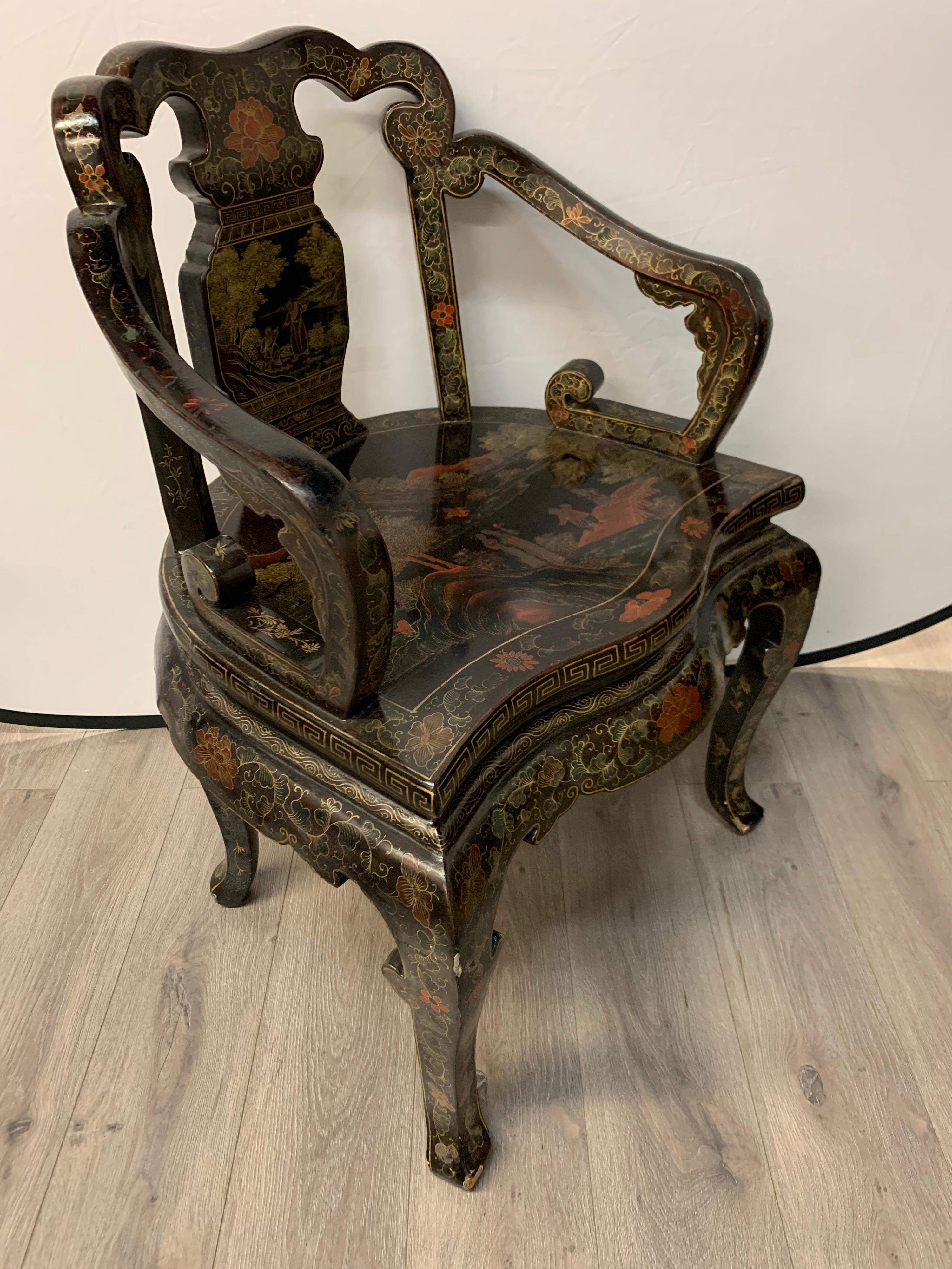 Pair of Matching Chinoiserie Chinese Export Hand Painted Armchairs 1