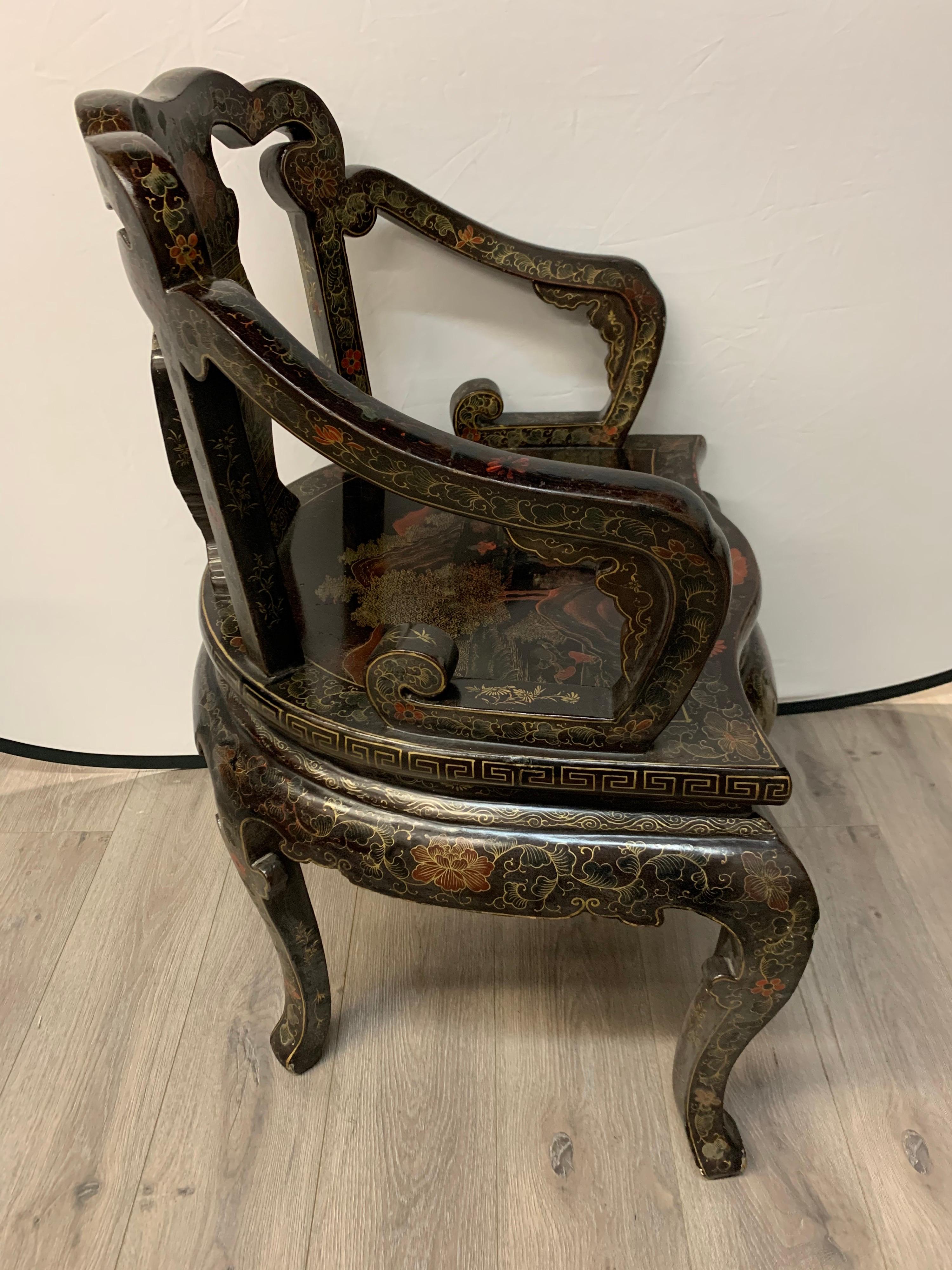 Pair of Matching Chinoiserie Chinese Export Hand Painted Armchairs 4