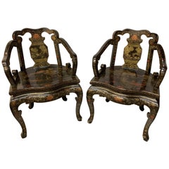 Pair of Matching Chinoiserie Chinese Export Hand Painted Armchairs
