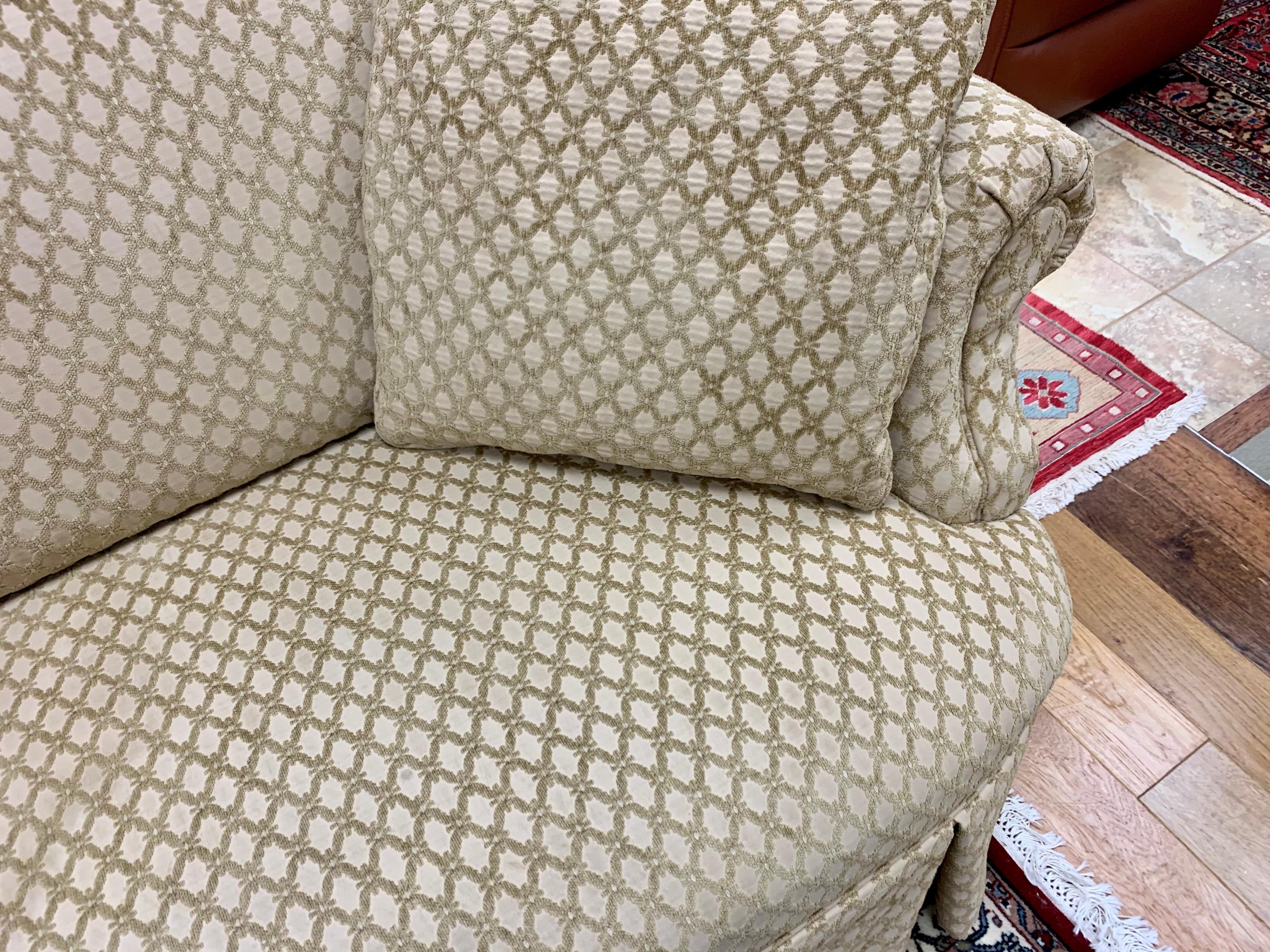 Pair of Matching Custom Loveseat Sofas with Raised Trellis Kravet Fabric 2