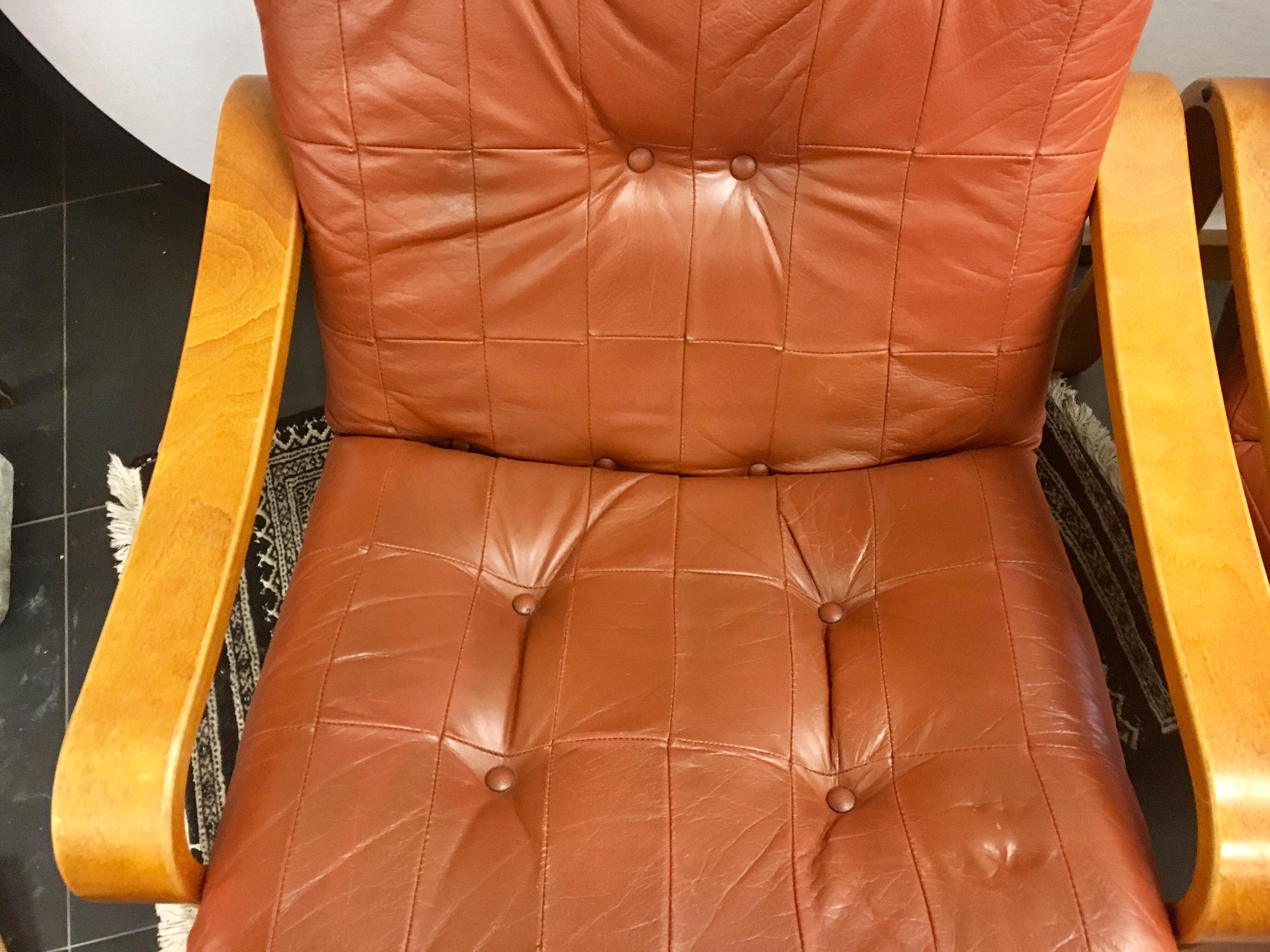 Pair of Danish Modern Teak and Tufted Leather Lounge Chairs 4