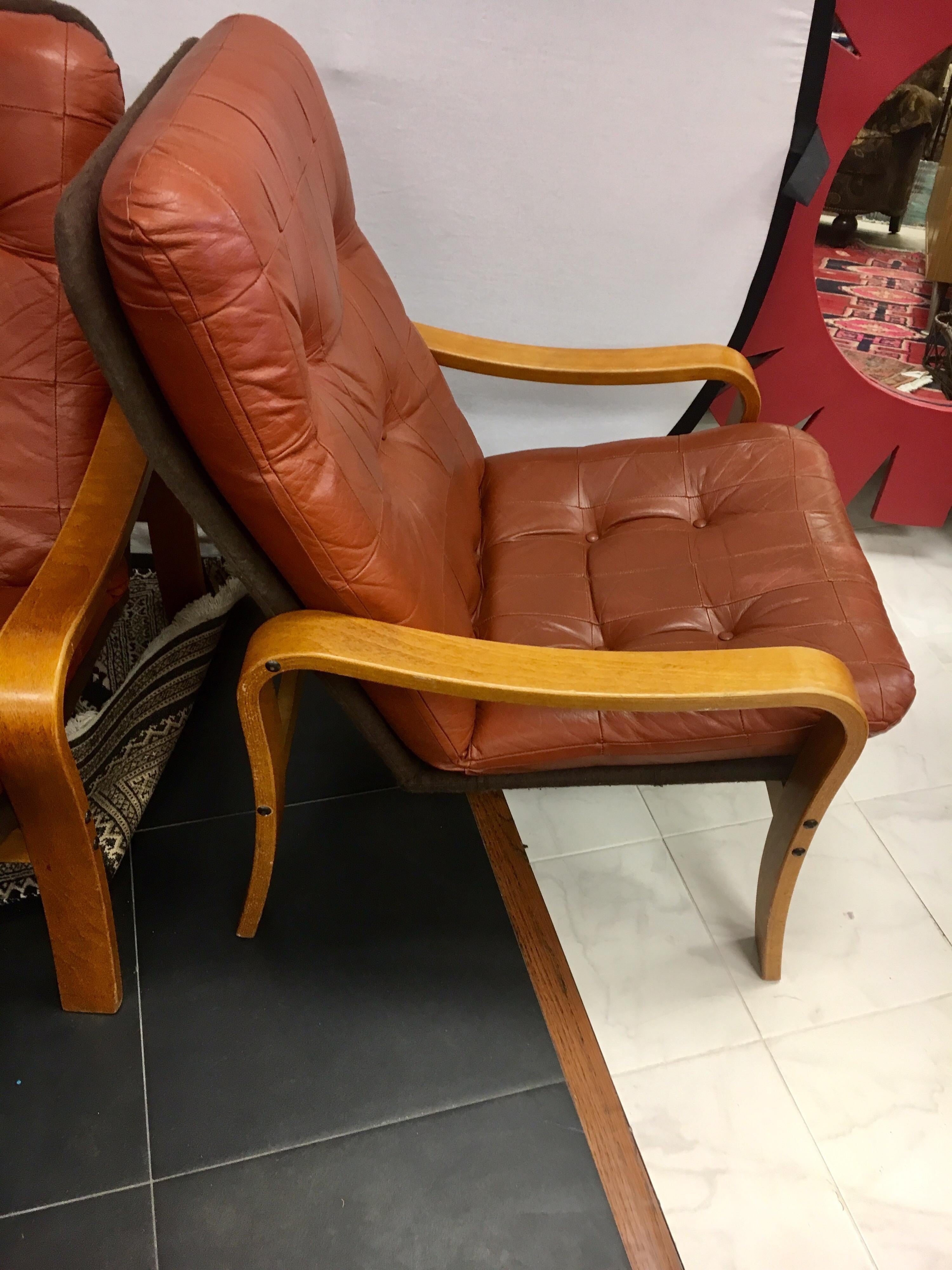 Pair of Danish Modern Teak and Tufted Leather Lounge Chairs 9