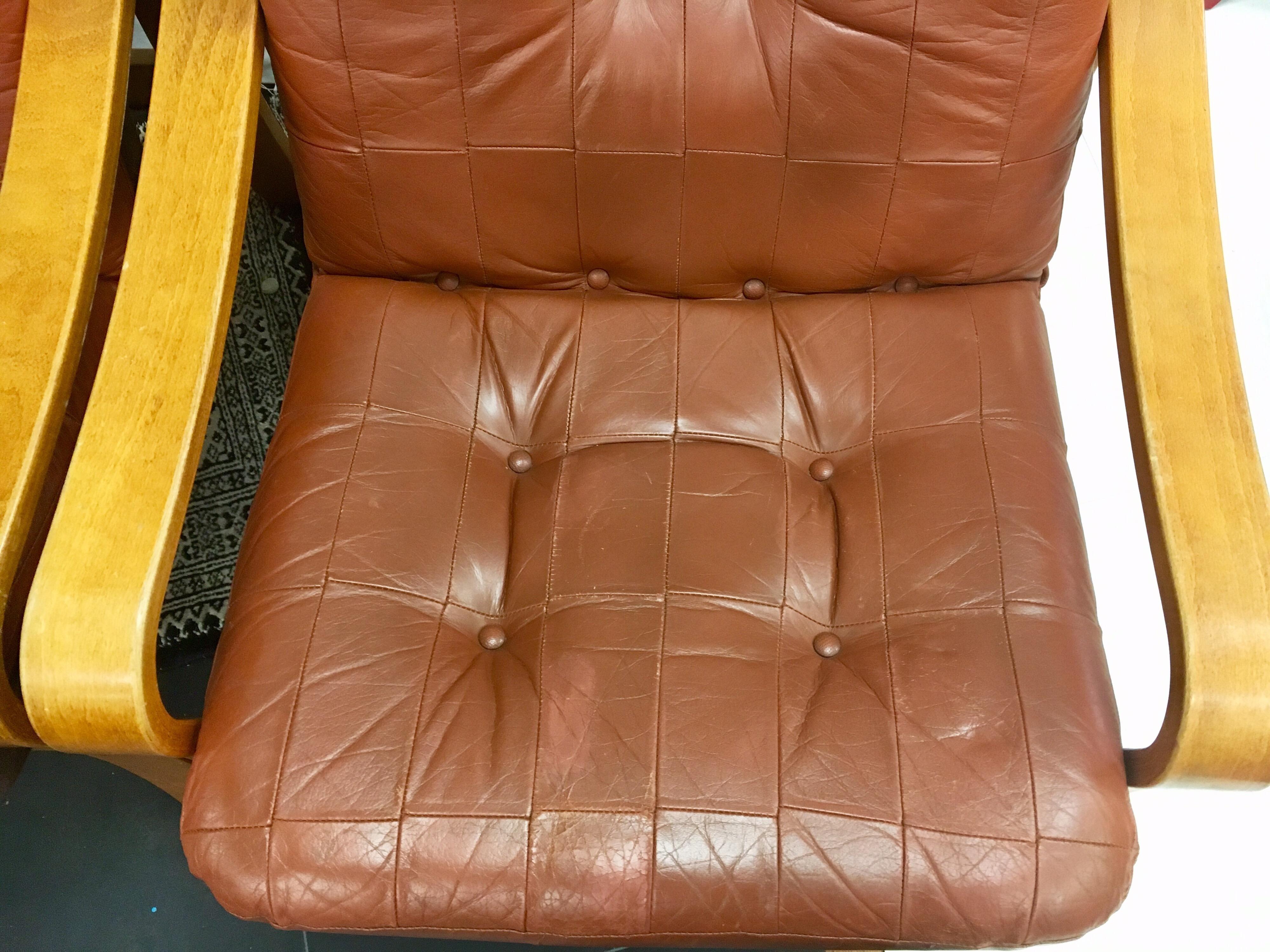 Pair of Danish Modern Teak and Tufted Leather Lounge Chairs 2