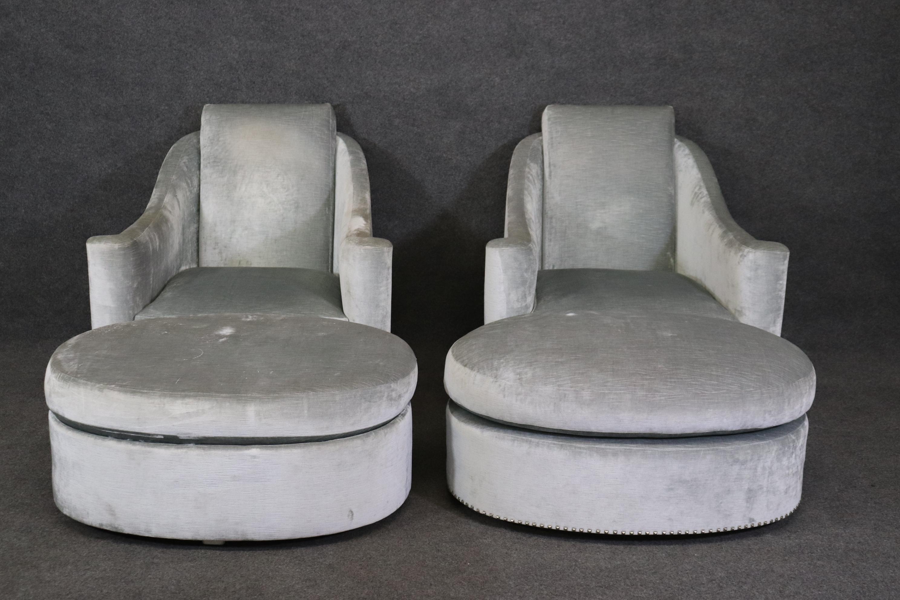 Unknown Pair of Matching French Art Deco Style Club Chairs With Ottomans 