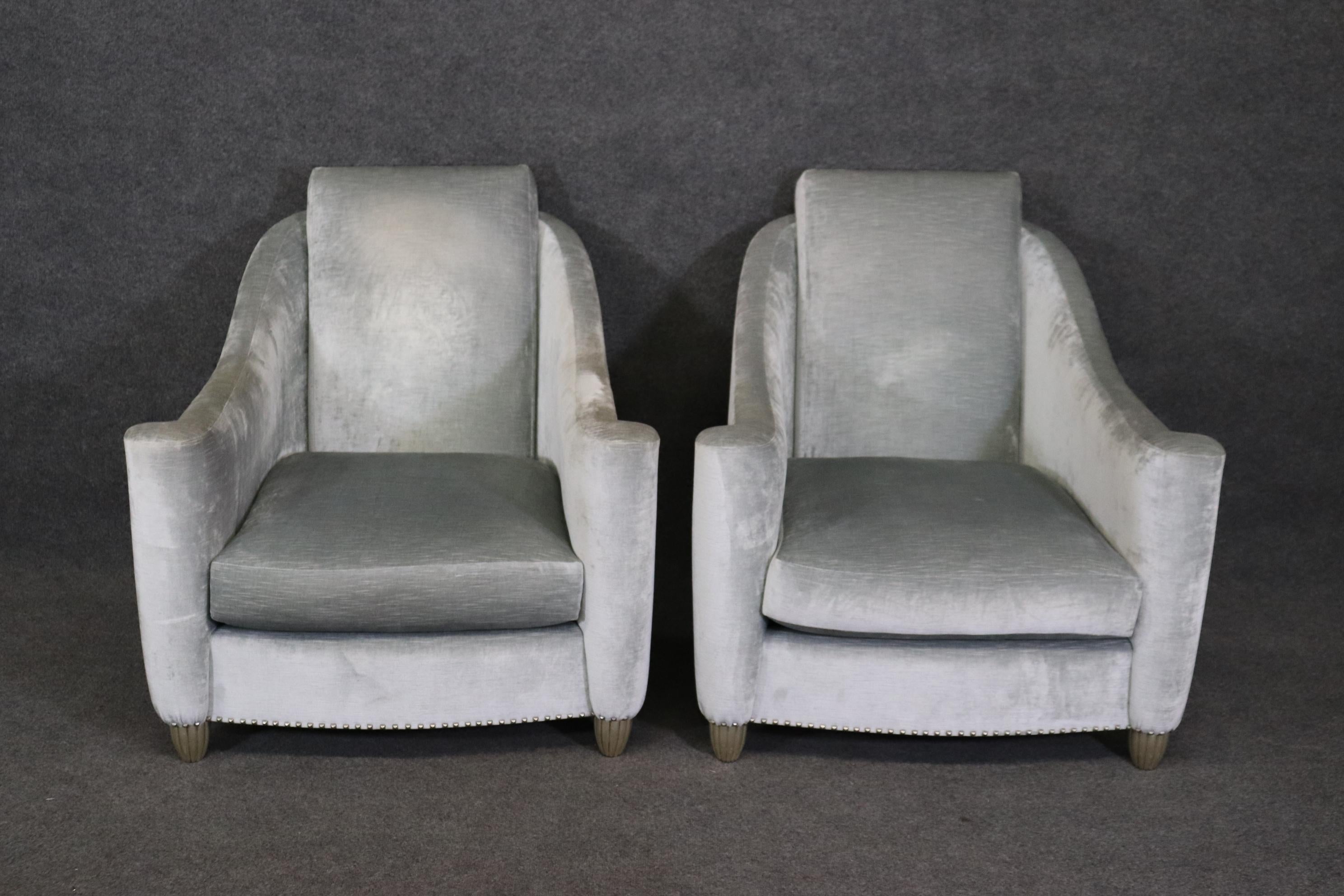 Contemporary Pair of Matching French Art Deco Style Club Chairs With Ottomans 