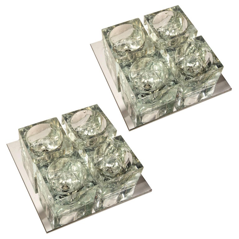 Pair of Matching Gaetano Sciolari Glass and Metal Ceiling Lights For Sale