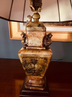 Pair of Matching Heavily Carved Alabaster Chinese Table Lamps
