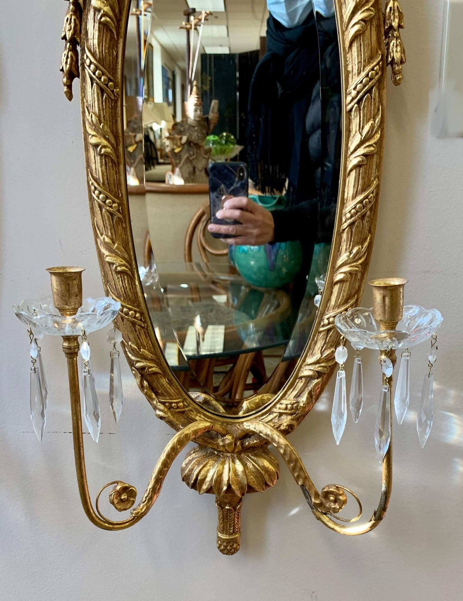 Pair of Matching Italian Carved Giltwood Mirrored Two Arm Sconces In Good Condition In West Hartford, CT