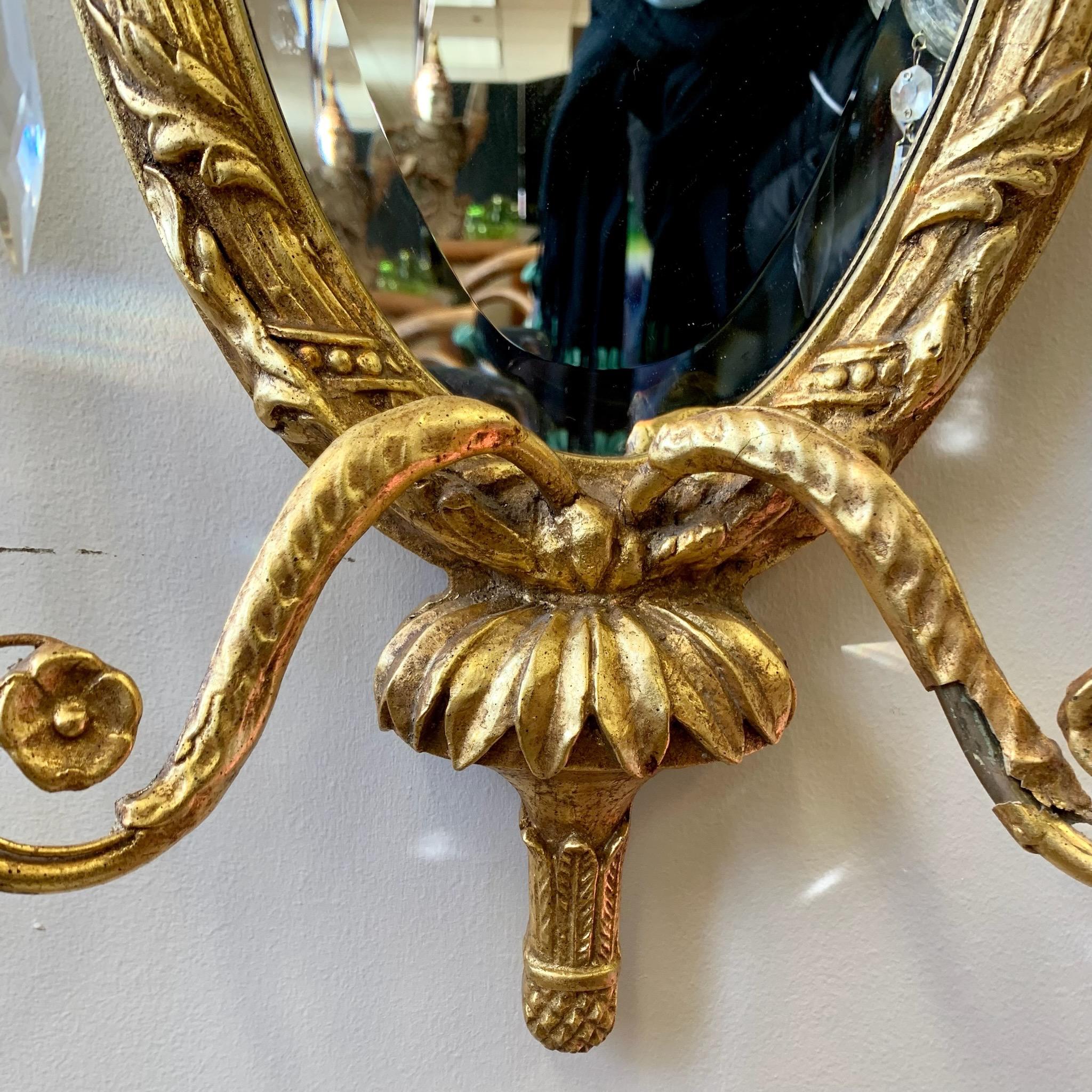 Pair of Matching Italian Carved Giltwood Mirrored Two Arm Sconces 3