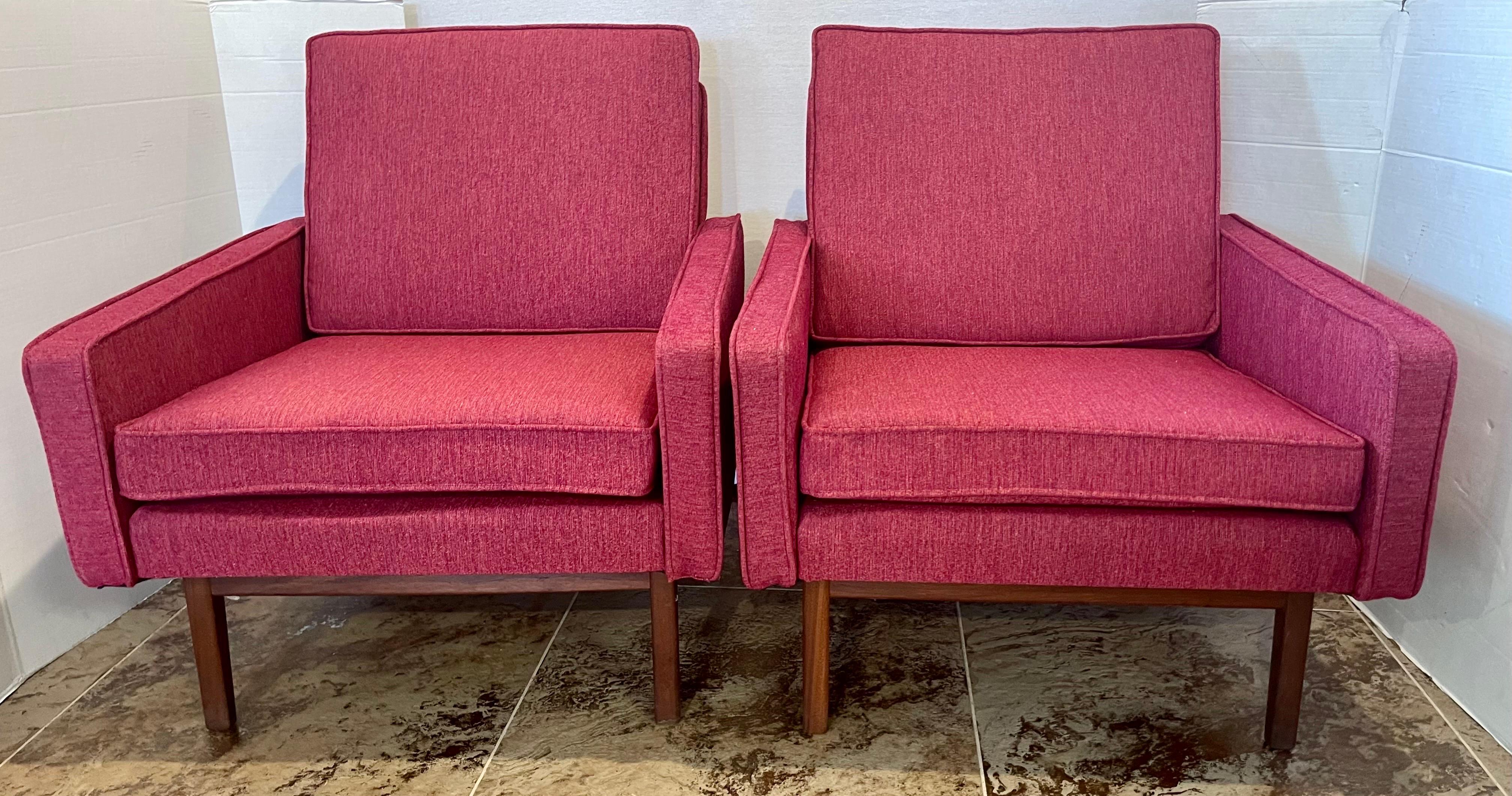 Magnificent pair of matching Jack Cartwright lounge chairs that have just been reupholstered by our team. The reupholstery includes new fill. The fabric is a subtle raspberry colored cotton blend material that really makes this set pop.
All