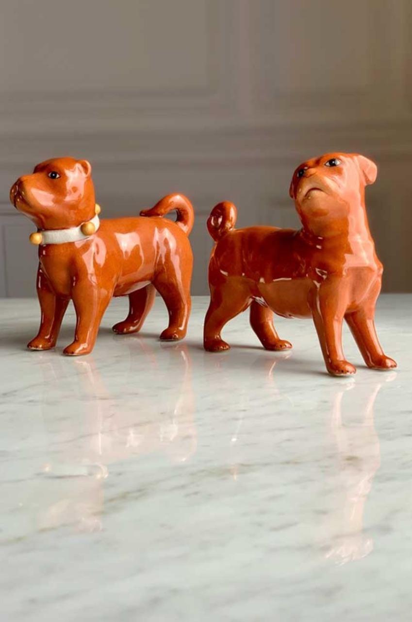 French Pair of Matching Male and Female Porcelain Chongqing Dogs For Sale