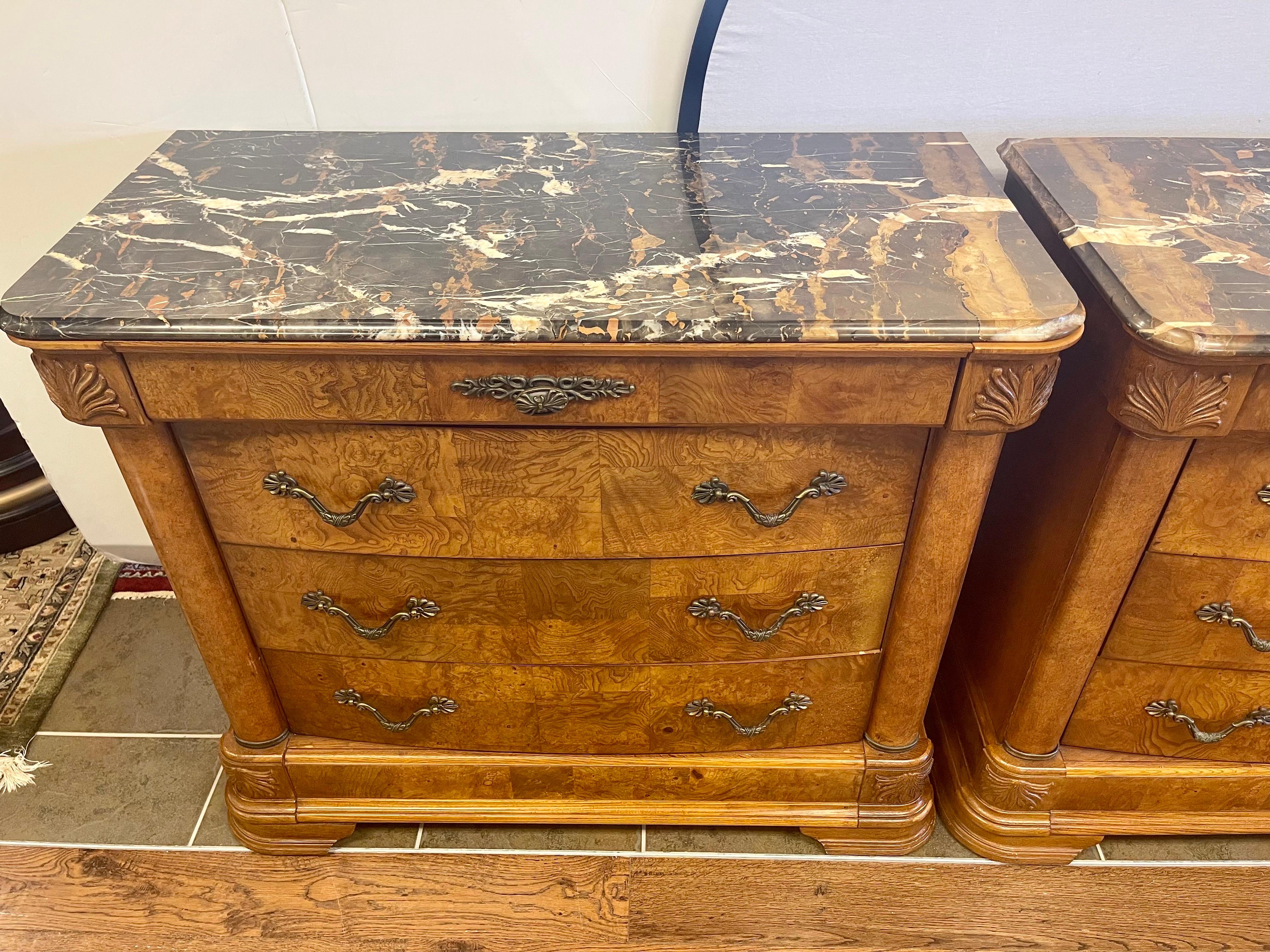 Pair of Neoclassical Style Marble Top Walnut Chests of Drawers Dressers In Good Condition In West Hartford, CT