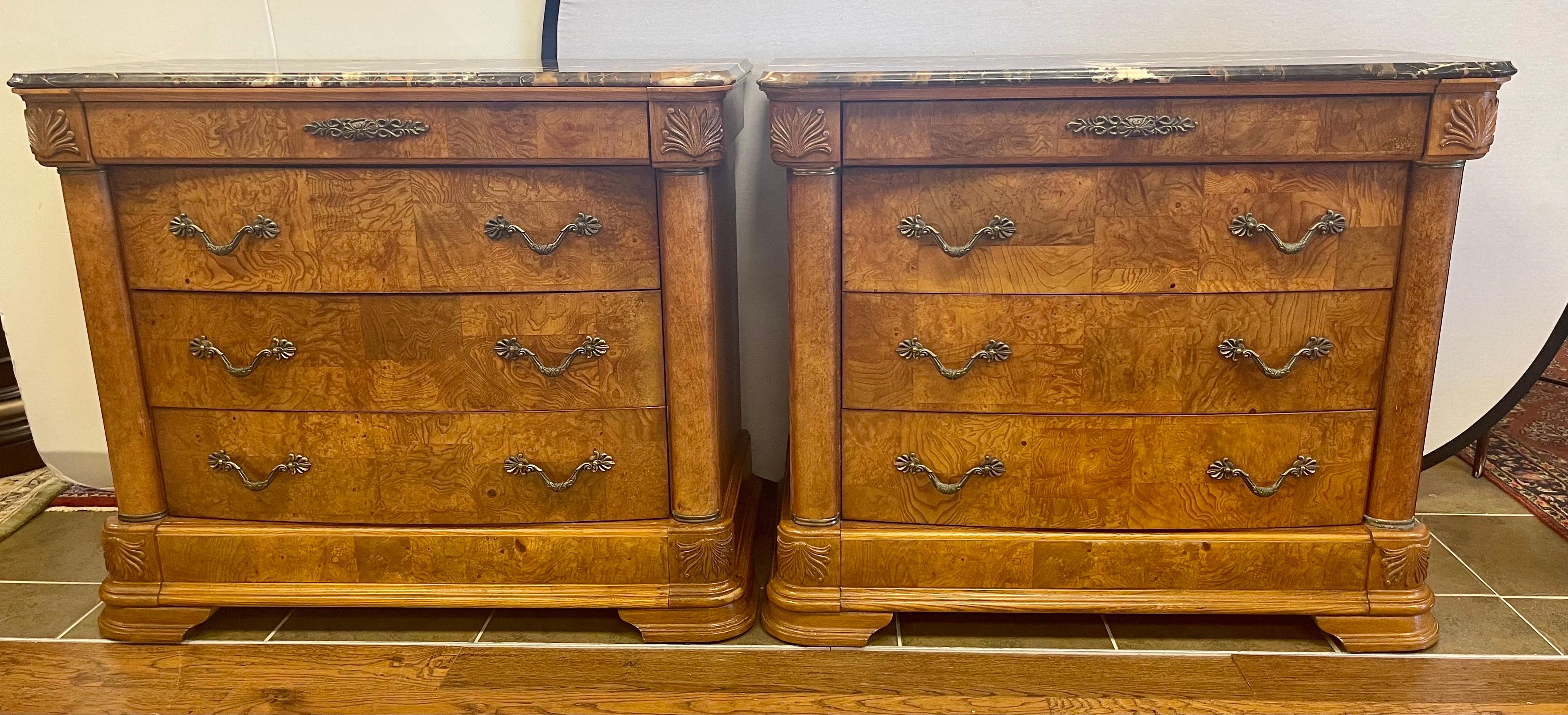 Pair of Neoclassical Style Marble Top Walnut Chests of Drawers Dressers 1
