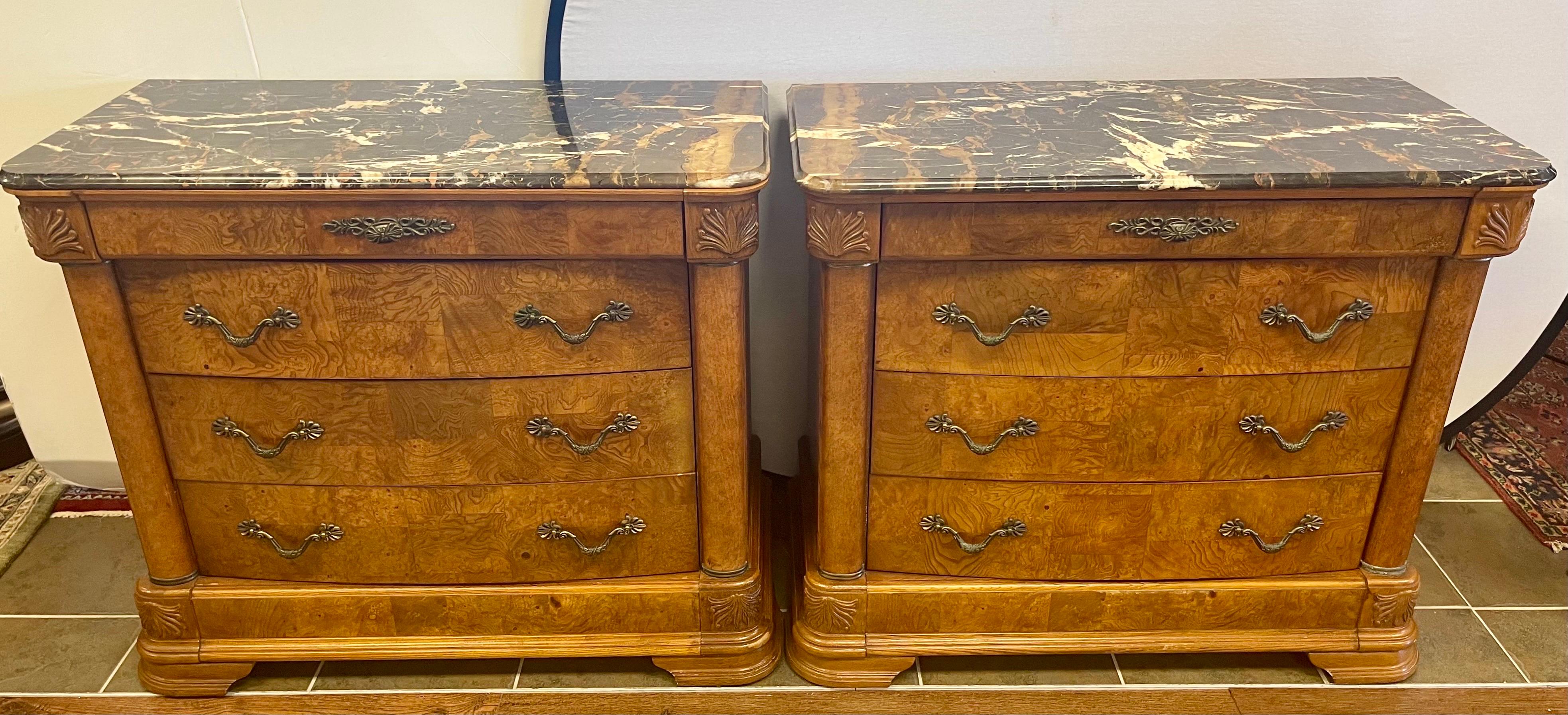 Pair of Neoclassical Style Marble Top Walnut Chests of Drawers Dressers 2