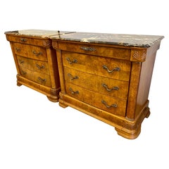Pair of Neoclassical Style Marble Top Walnut Chests of Drawers Dressers