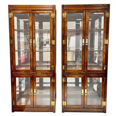 Pair of Matching Mid-Century Modern Burl Campaign Display Cabinets Vitrines