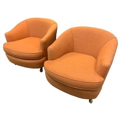 Pair of Matching Mid-Century Modern Chairs with Hermes Burnt Orange Color Fabric