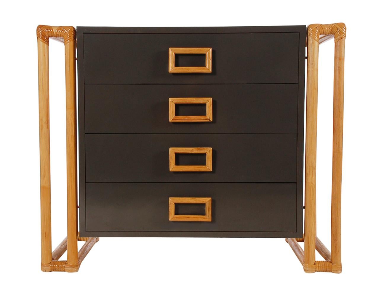 American Pair of Matching Mid-Century Modern Rattan and Laminate Chests or Nightstands For Sale