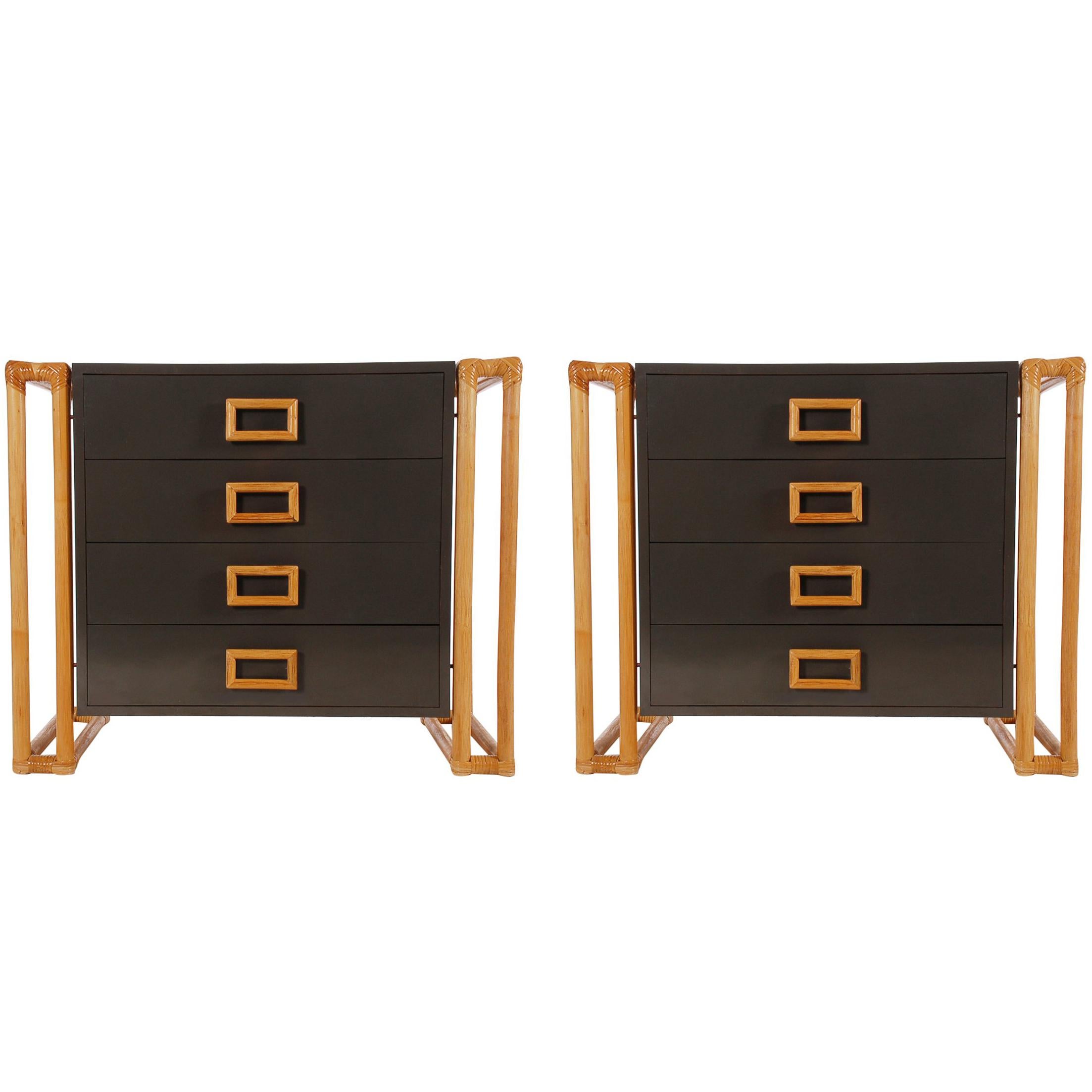 Pair of Matching Mid-Century Modern Rattan and Laminate Chests or Nightstands For Sale