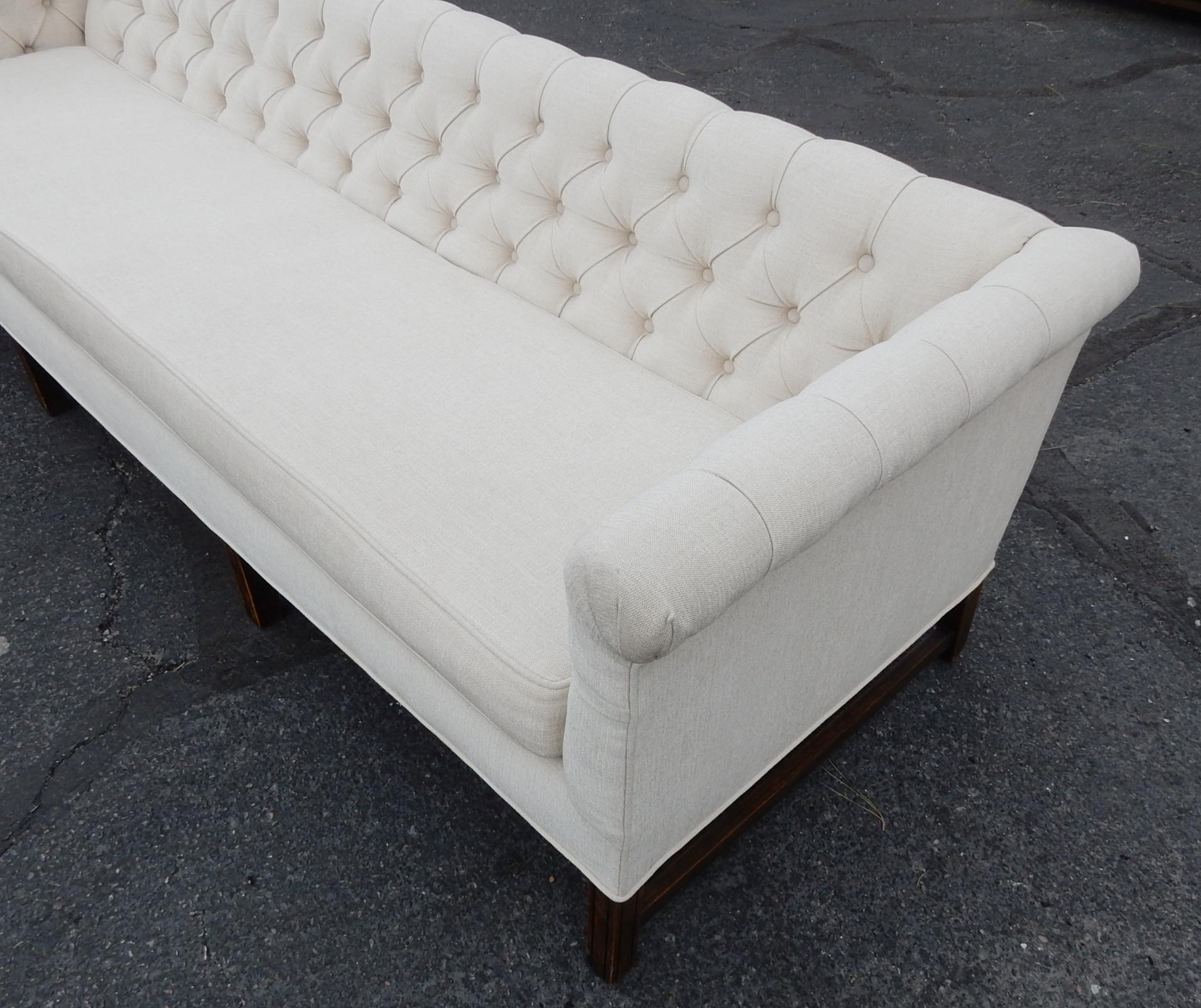 Upholstery Pair of Matching Mid-Century Modern Tufted Tuxedo Sofas For Sale