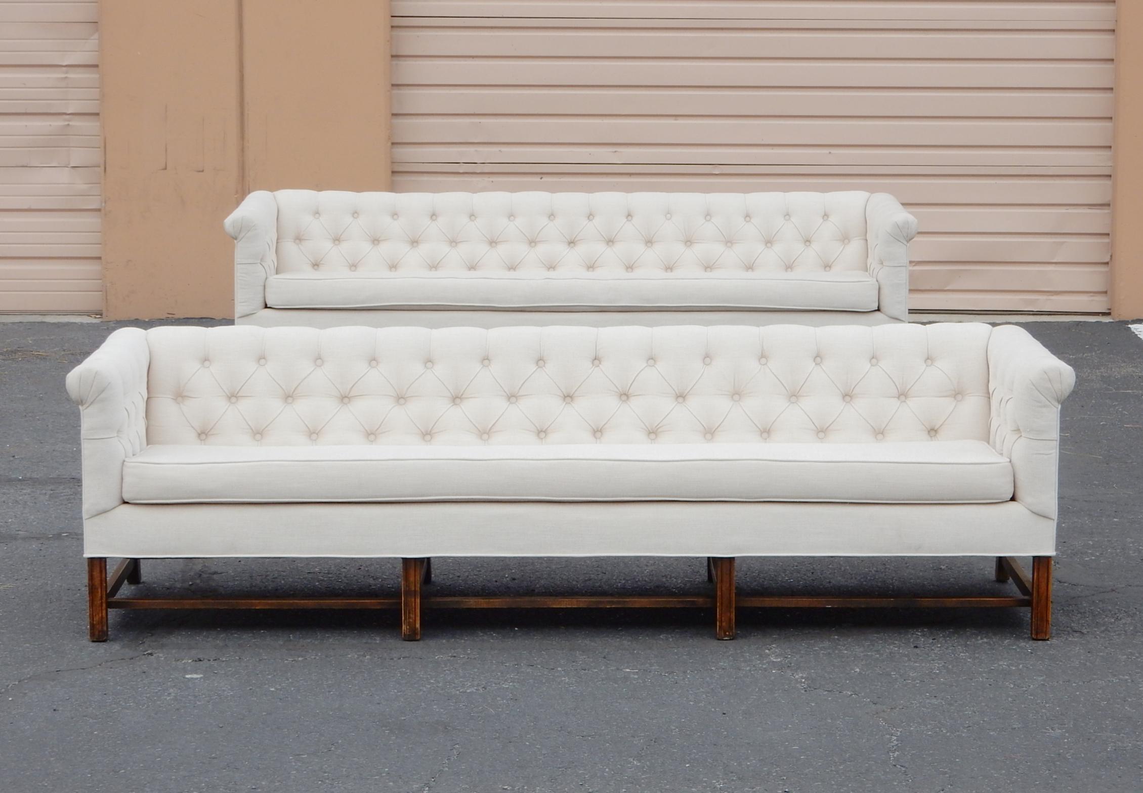 Pair of Matching Mid-Century Modern Tufted Tuxedo Sofas For Sale 3