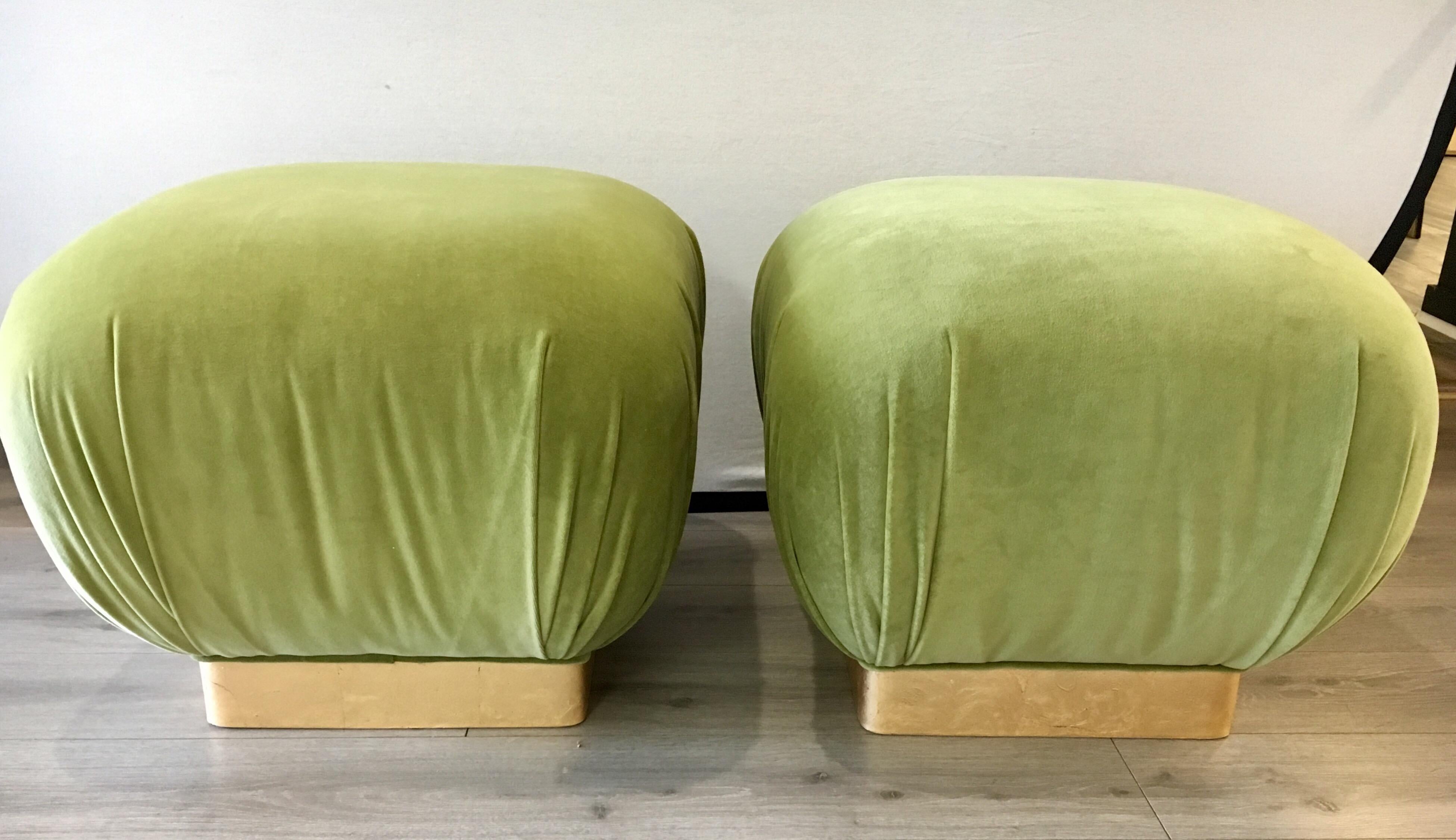 Mid-Century Modern Pair of Matching Midcentury Poufs Stools Ottomans with Brass Band Base