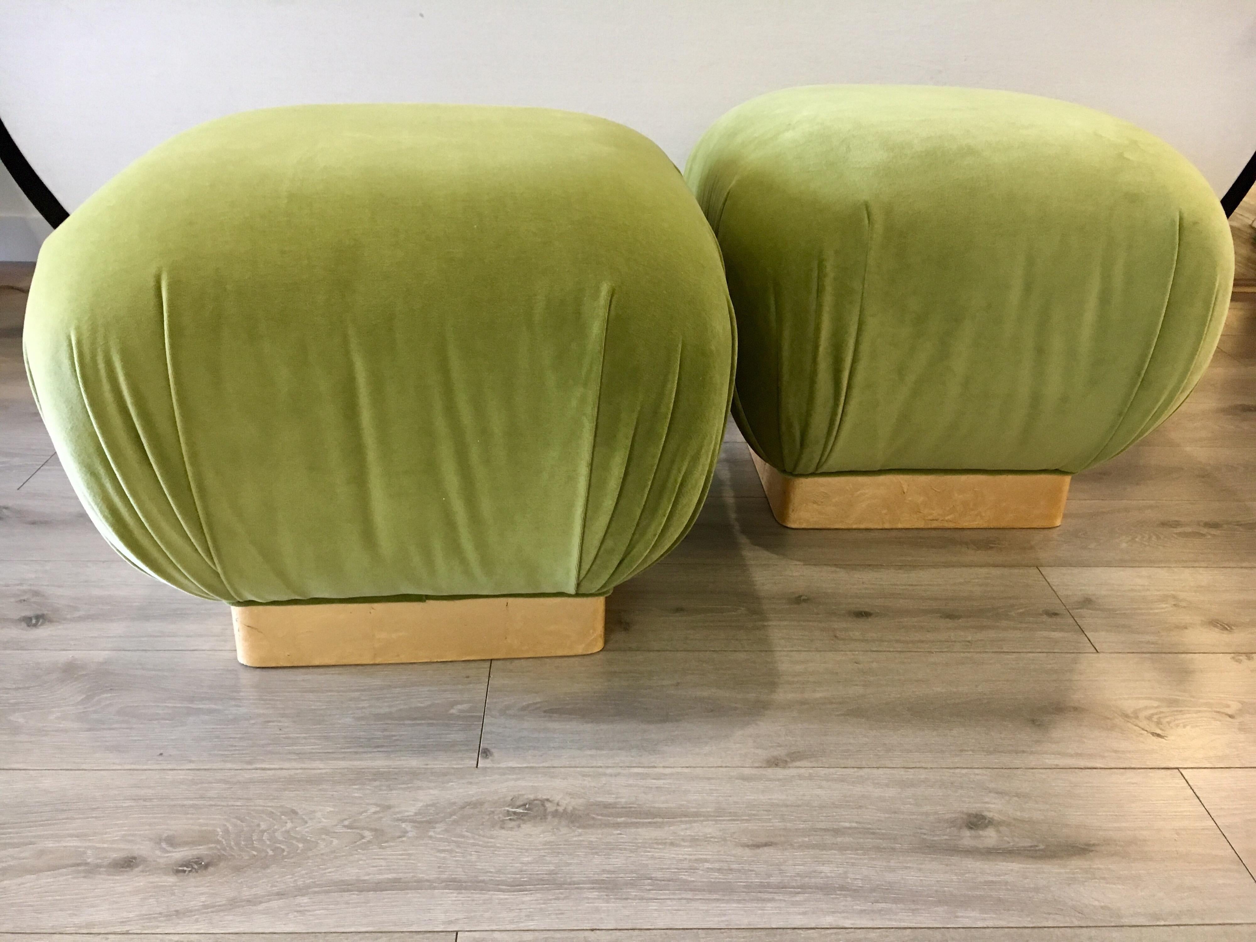 American Pair of Matching Midcentury Poufs Stools Ottomans with Brass Band Base