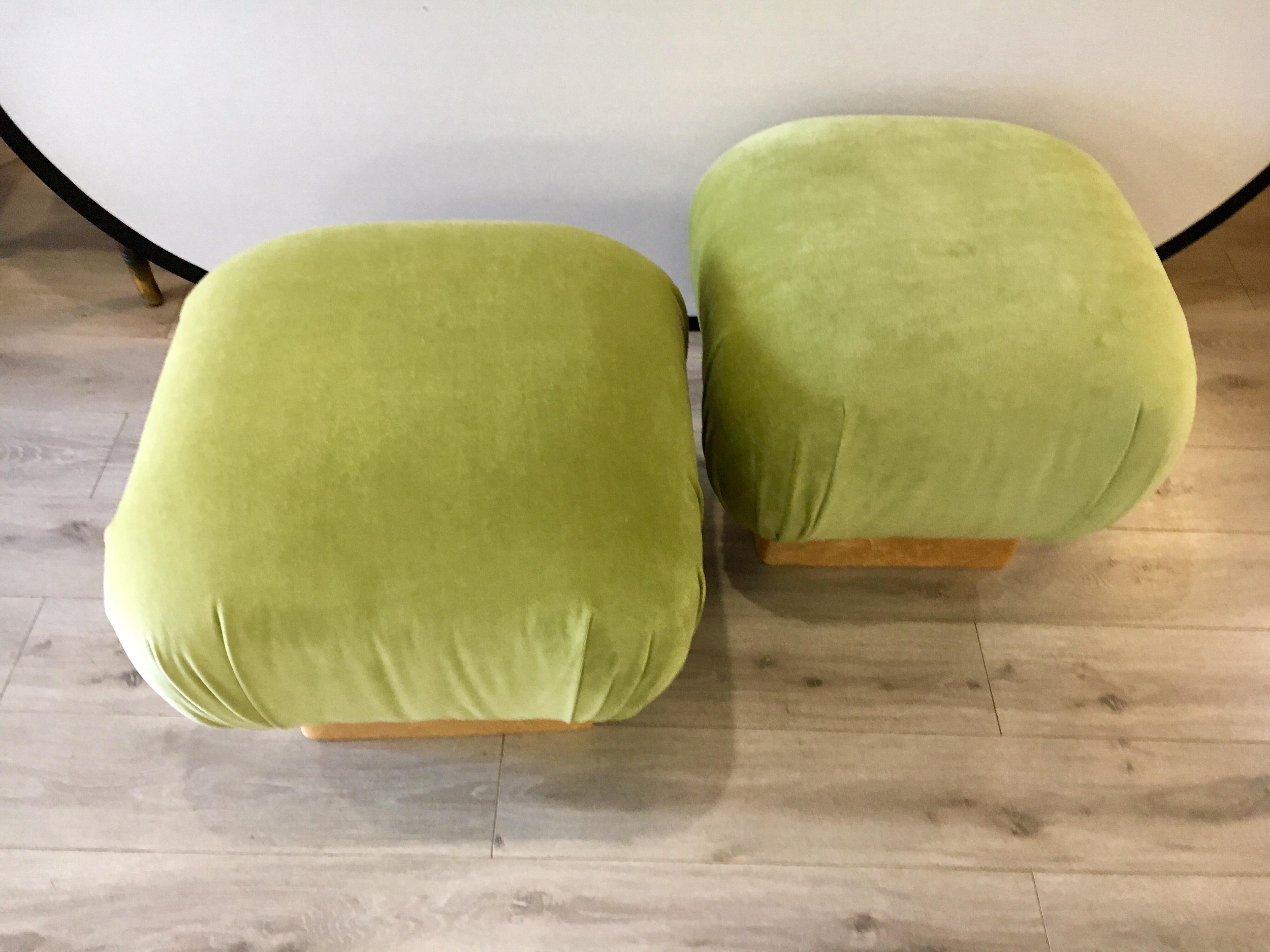 Late 20th Century Pair of Matching Midcentury Poufs Stools Ottomans with Brass Band Base
